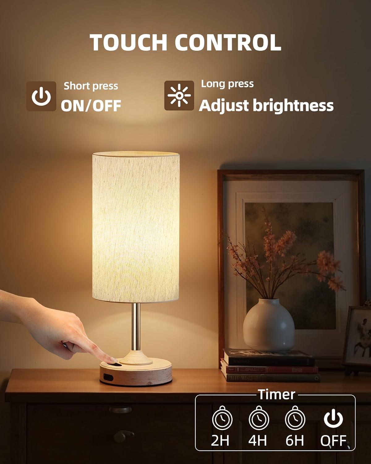 imageBedside Table Lamp Cordless Dimmable Touch Timer 2700K Bedroom Portable LED Wireless Rechargeable Battery Operated Desk Lamp Fabric Shade WoodGrain Finish Living Room Dining RoomWood