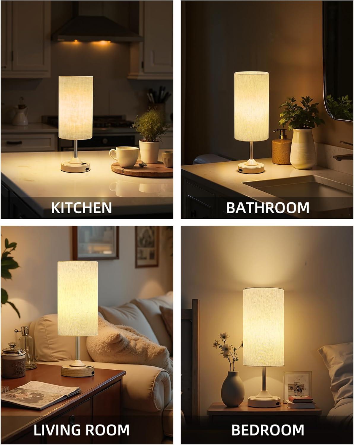 imageBedside Table Lamp Cordless Dimmable Touch Timer 2700K Bedroom Portable LED Wireless Rechargeable Battery Operated Desk Lamp Fabric Shade WoodGrain Finish Living Room Dining RoomWood