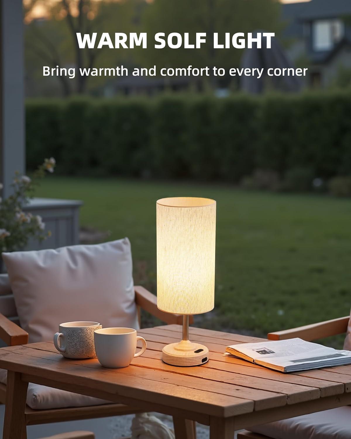 imageBedside Table Lamp Cordless Dimmable Touch Timer 2700K Bedroom Portable LED Wireless Rechargeable Battery Operated Desk Lamp Fabric Shade WoodGrain Finish Living Room Dining RoomWood