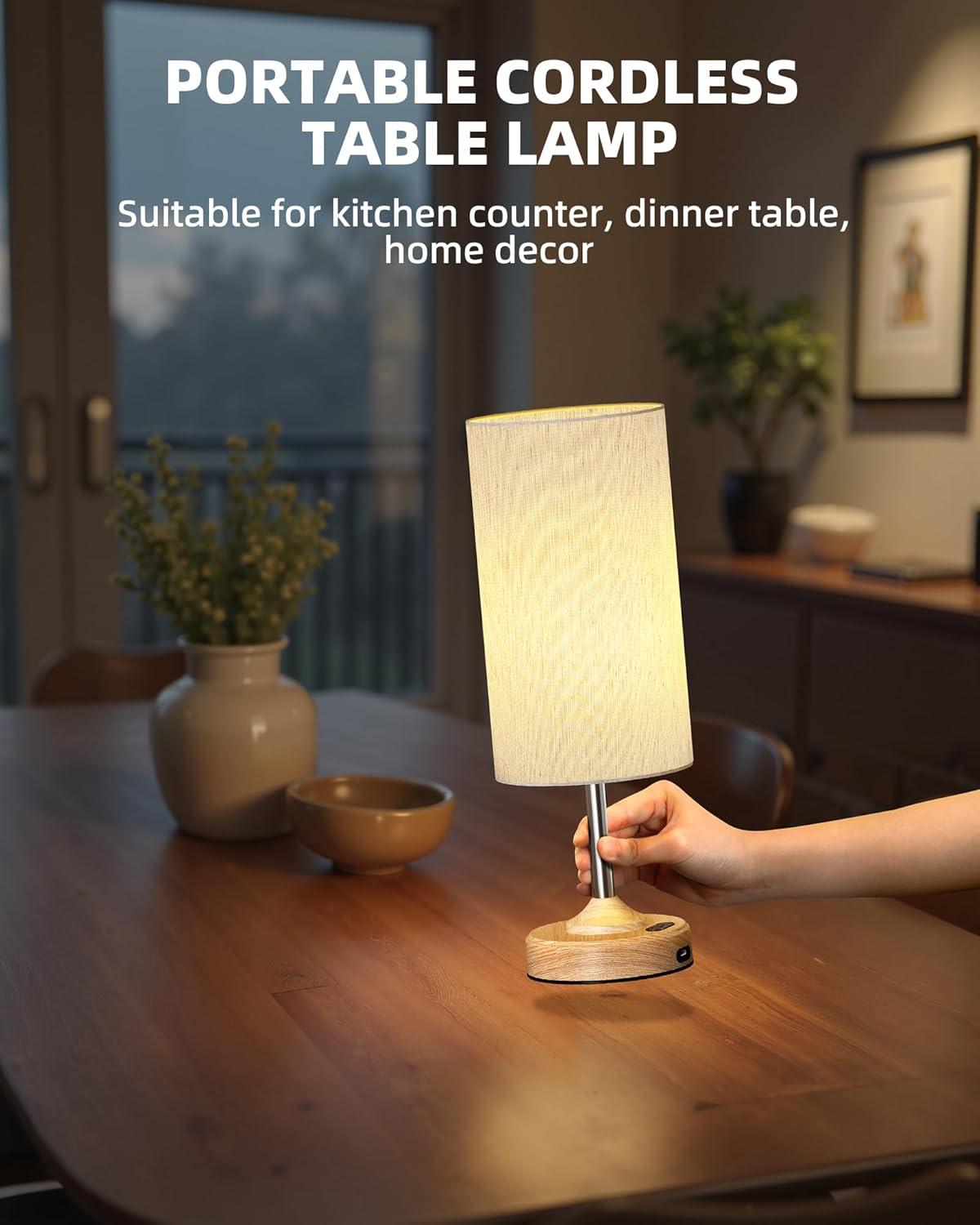 imageBedside Table Lamp Cordless Dimmable Touch Timer 2700K Bedroom Portable LED Wireless Rechargeable Battery Operated Desk Lamp Fabric Shade WoodGrain Finish Living Room Dining RoomWood