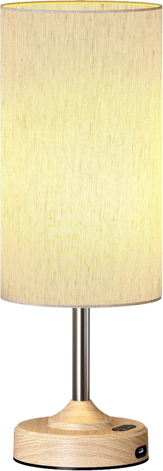 imageBedside Table Lamp Cordless Dimmable Touch Timer 2700K Bedroom Portable LED Wireless Rechargeable Battery Operated Desk Lamp Fabric Shade WoodGrain Finish Living Room Dining RoomWood