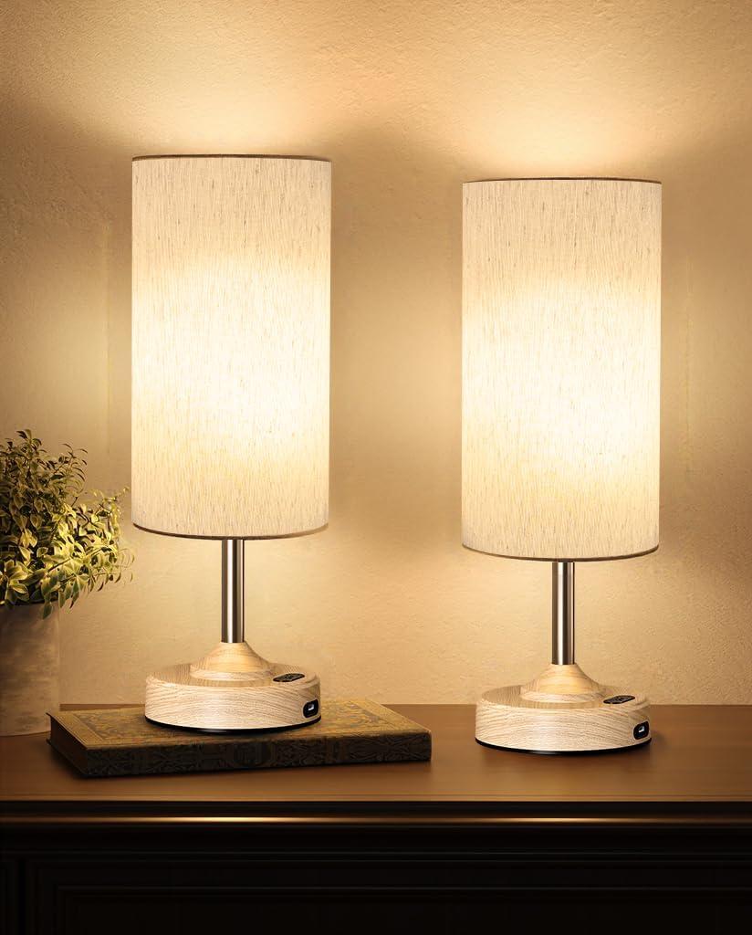 imageBedside Table Lamp Cordless Dimmable Touch Timer 2700K Bedroom Portable LED Wireless Rechargeable Battery Operated Desk Lamp Fabric Shade WoodGrain Finish Living Room Dining RoomWood