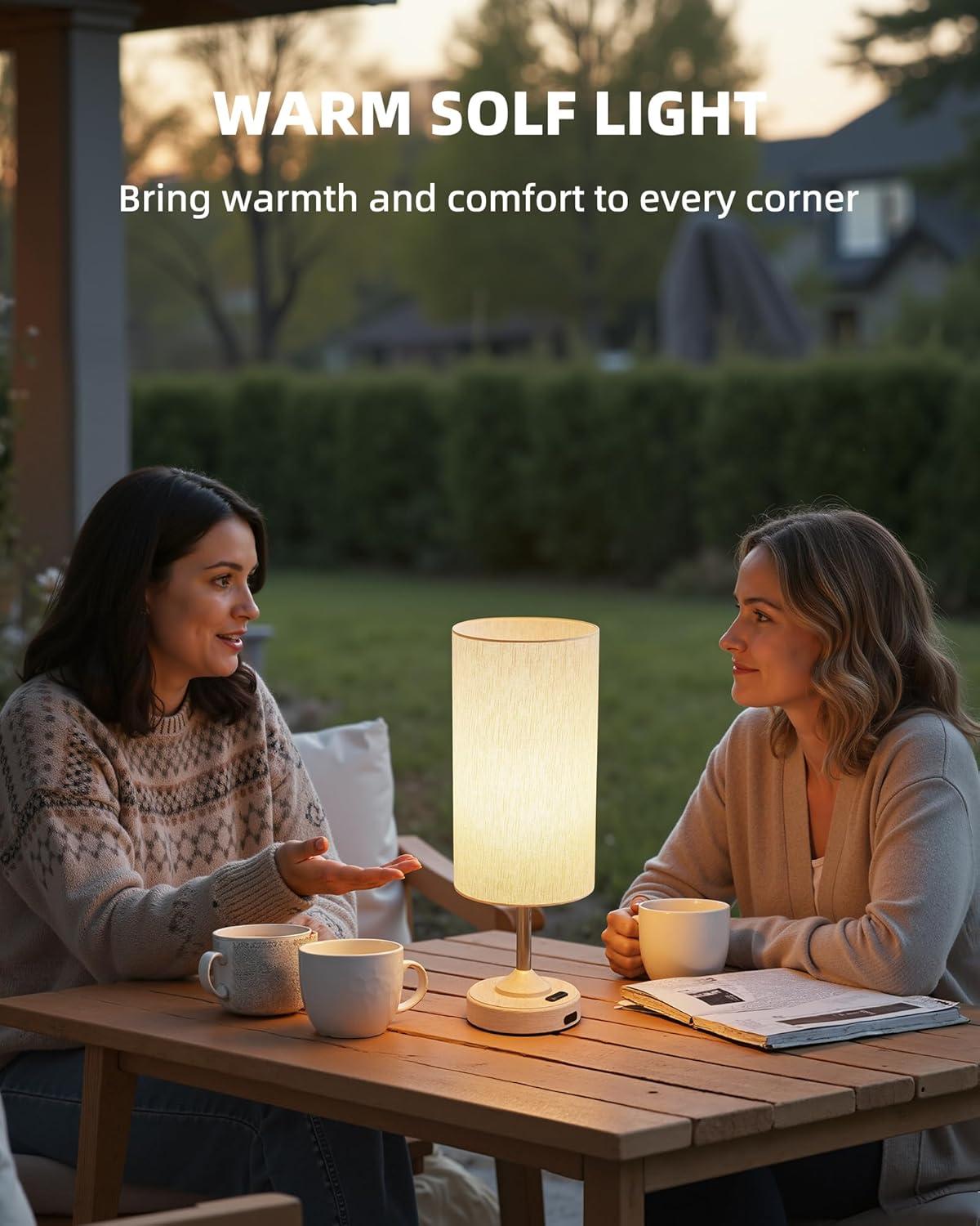 imageBedside Table Lamp Cordless Dimmable Touch Timer 2700K Bedroom Portable LED Wireless Rechargeable Battery Operated Desk Lamp Fabric Shade WoodGrain Finish Living Room Dining RoomWood