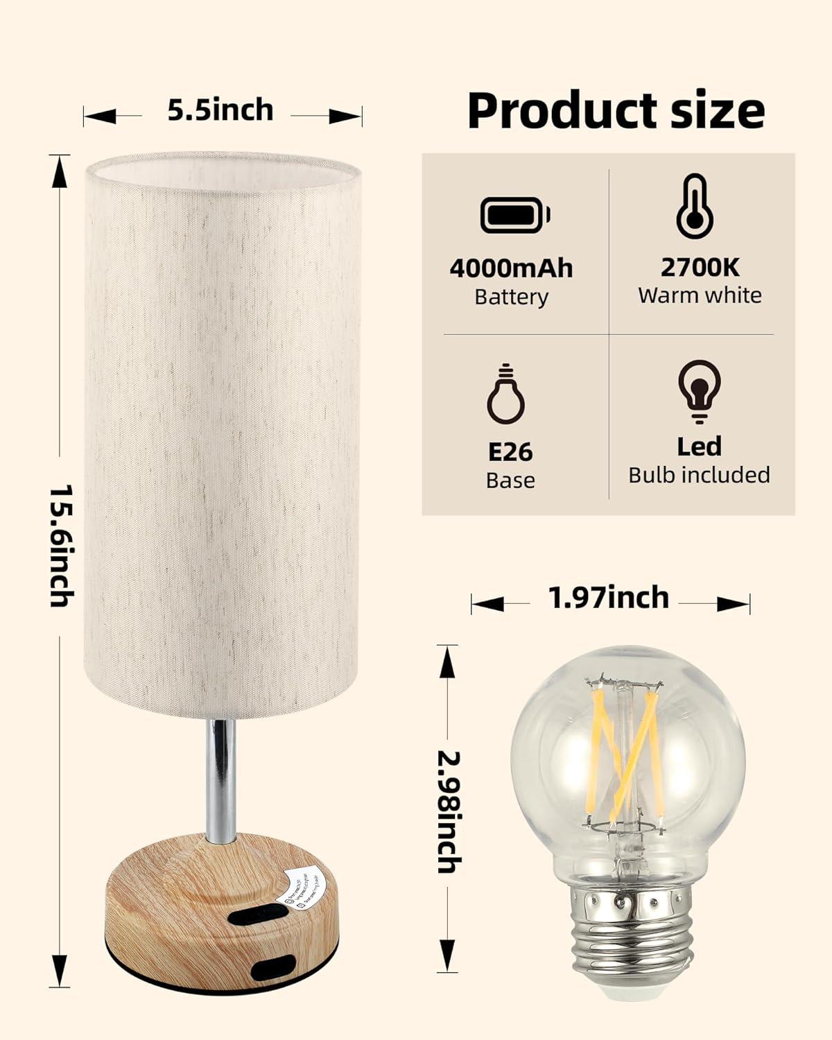 imageBedside Table Lamp Cordless Dimmable Touch Timer 2700K Bedroom Portable LED Wireless Rechargeable Battery Operated Desk Lamp Fabric Shade WoodGrain Finish Living Room Dining RoomWood