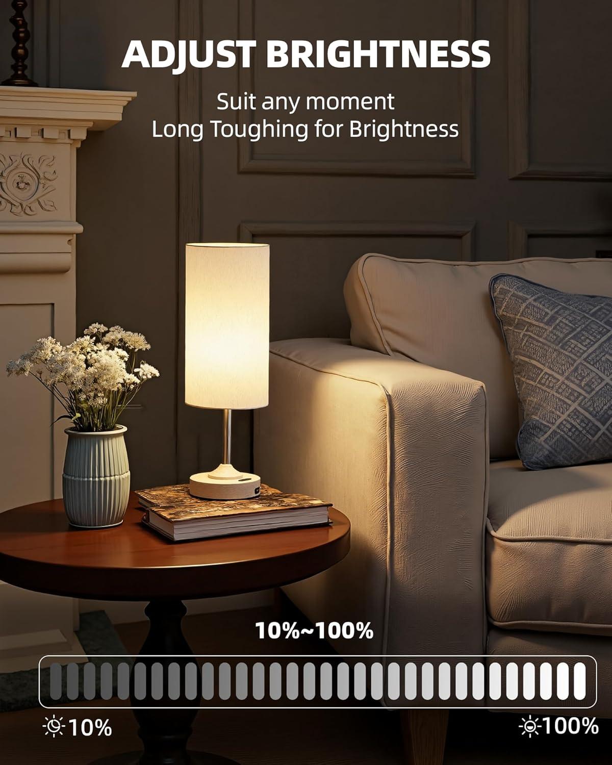 imageBedside Table Lamp Cordless Dimmable Touch Timer 2700K Bedroom Portable LED Wireless Rechargeable Battery Operated Desk Lamp Fabric Shade WoodGrain Finish Living Room Dining RoomWood