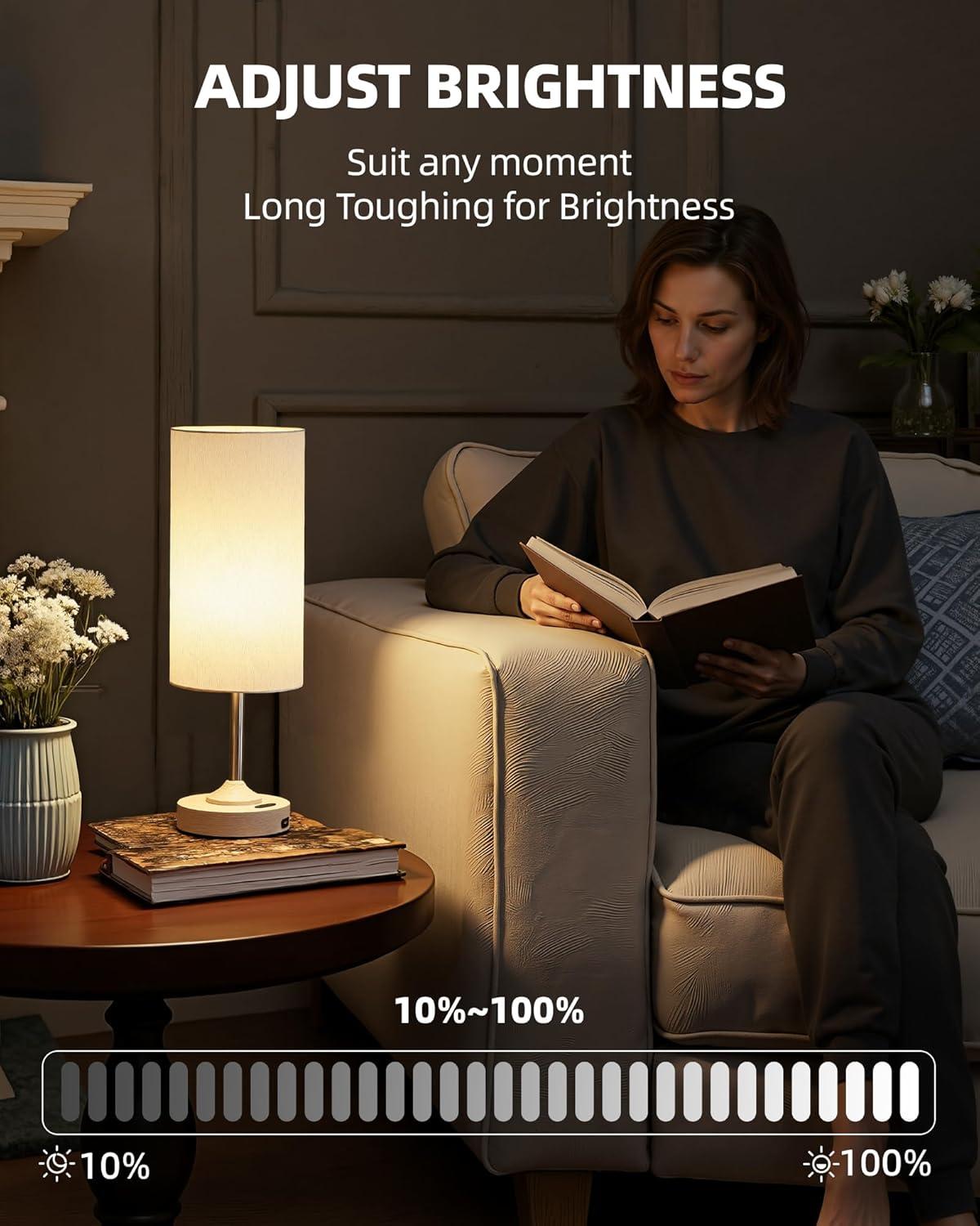 imageBedside Table Lamp Cordless Dimmable Touch Timer 2700K Bedroom Portable LED Wireless Rechargeable Battery Operated Desk Lamp Fabric Shade WoodGrain Finish Living Room Dining RoomWood