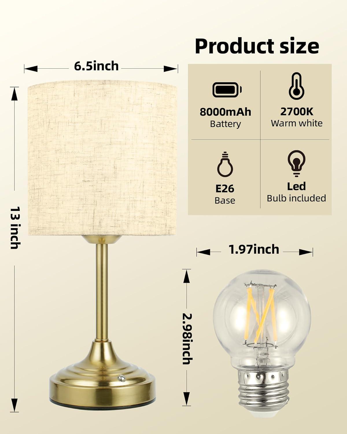 imageCordless Table Lamp 8000mAh Dimmable 2700K Touch Control Portable LED Wireless Rechargeable Battery Operated Desk Lamp Kitchen Lamp Fabric Shade for Dining Room Bedroom Living Room13inches