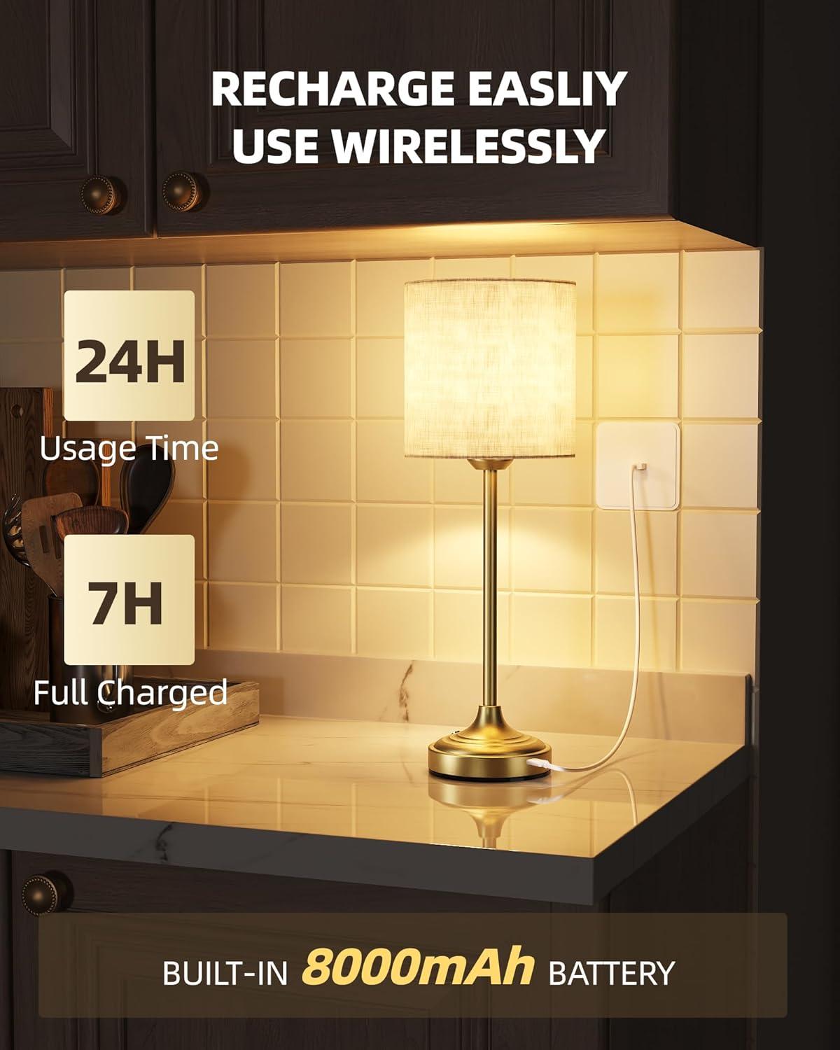 imageCordless Table Lamp 8000mAh Dimmable 2700K Touch Control Portable LED Wireless Rechargeable Battery Operated Desk Lamp Kitchen Lamp Fabric Shade for Dining Room Bedroom Living Room13inches