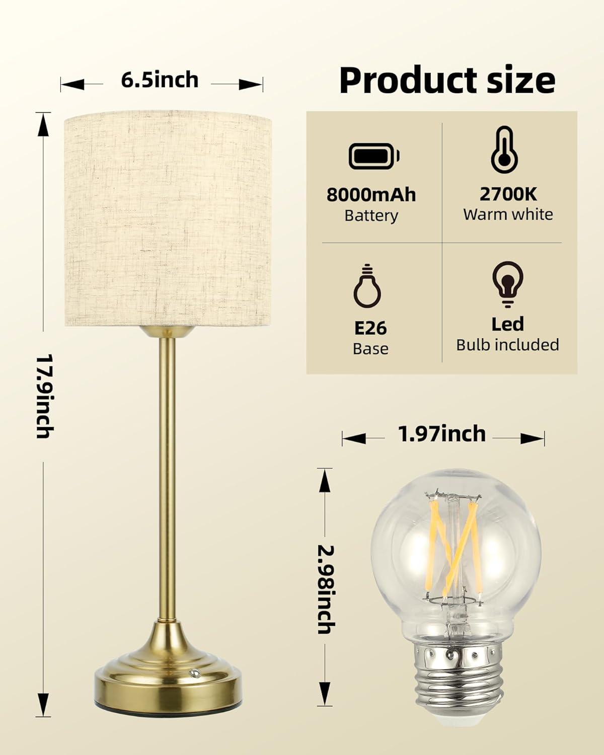 imageCordless Table Lamp 8000mAh Dimmable 2700K Touch Control Portable LED Wireless Rechargeable Battery Operated Desk Lamp Kitchen Lamp Fabric Shade for Dining Room Bedroom Living Room179inches