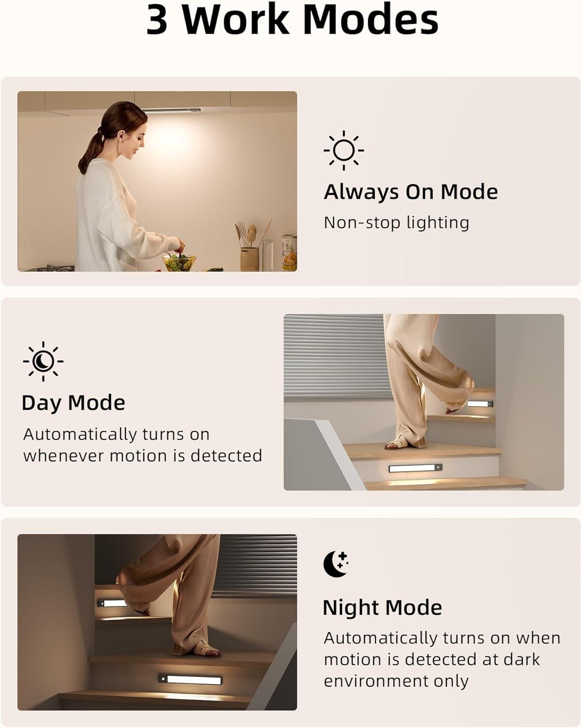 imageEZVALO 10inch Under Cabinet Lighting 2500mAh Rechargeable Motion Sensor Lights Indoor with 3 Color Temps 2 Pack Magnetic Closet Light 80 LED Dimmable Under Counter Lights for Kitchen Shelf StairBlack