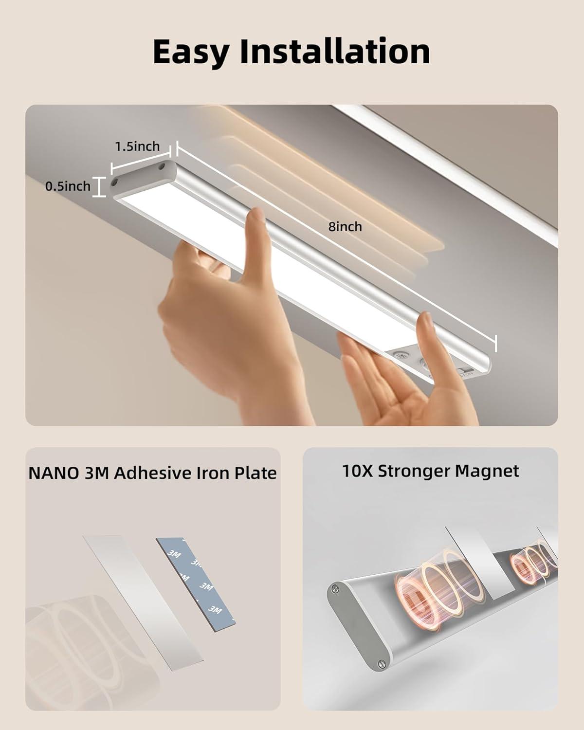 imageEZVALO 10inch Under Cabinet Lighting 2500mAh Rechargeable Motion Sensor Lights Indoor with 3 Color Temps 2 Pack Magnetic Closet Light 80 LED Dimmable Under Counter Lights for Kitchen Shelf StairSilver