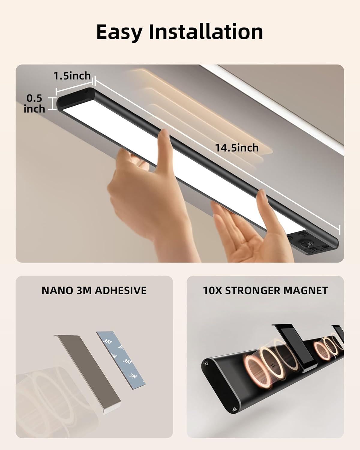 imageEZVALO 10inch Under Cabinet Lighting 2500mAh Rechargeable Motion Sensor Lights Indoor with 3 Color Temps 2 Pack Magnetic Closet Light 80 LED Dimmable Under Counter Lights for Kitchen Shelf StairBlack