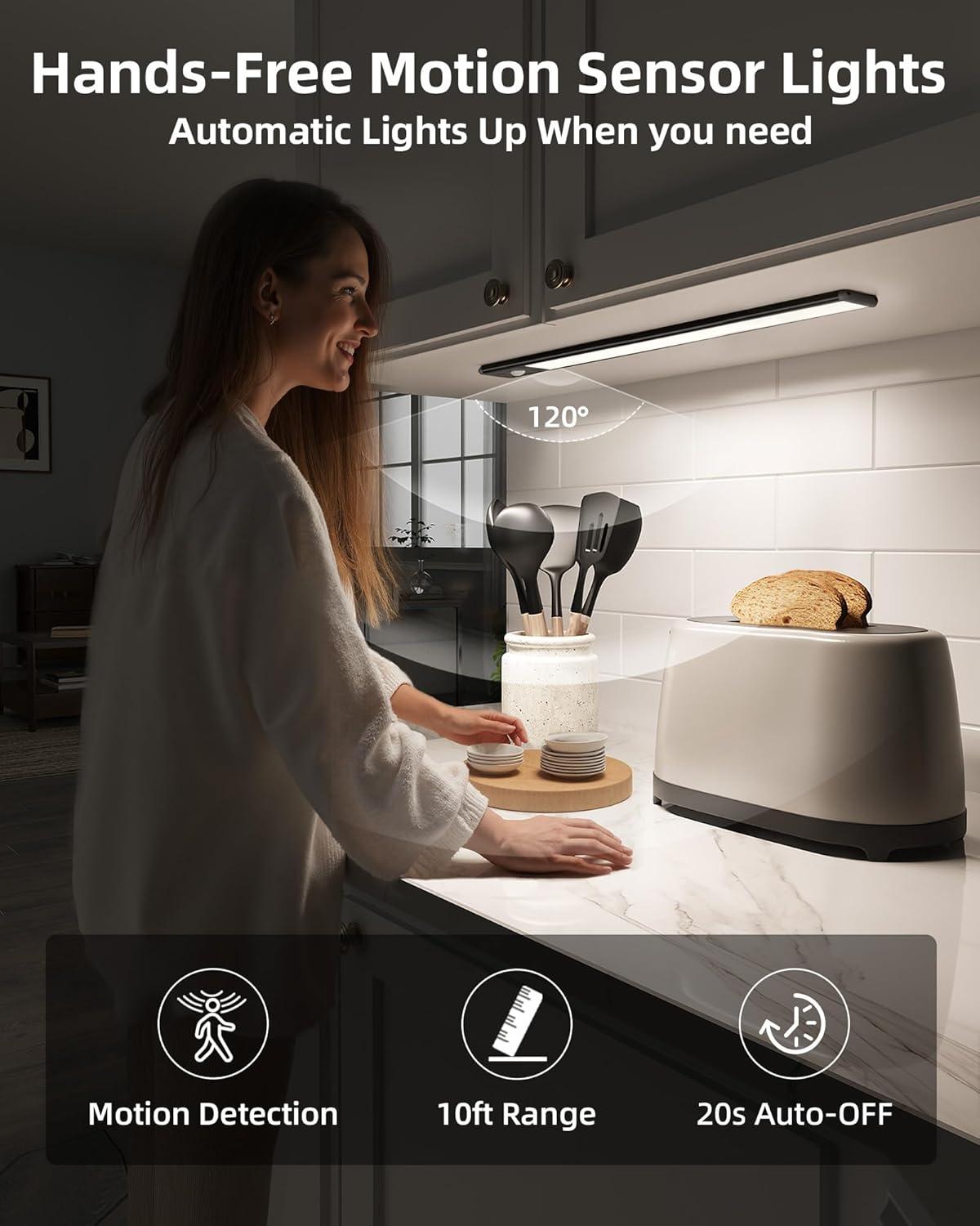 imageEZVALO 10inch Under Cabinet Lighting 2500mAh Rechargeable Motion Sensor Lights Indoor with 3 Color Temps 2 Pack Magnetic Closet Light 80 LED Dimmable Under Counter Lights for Kitchen Shelf StairBlack