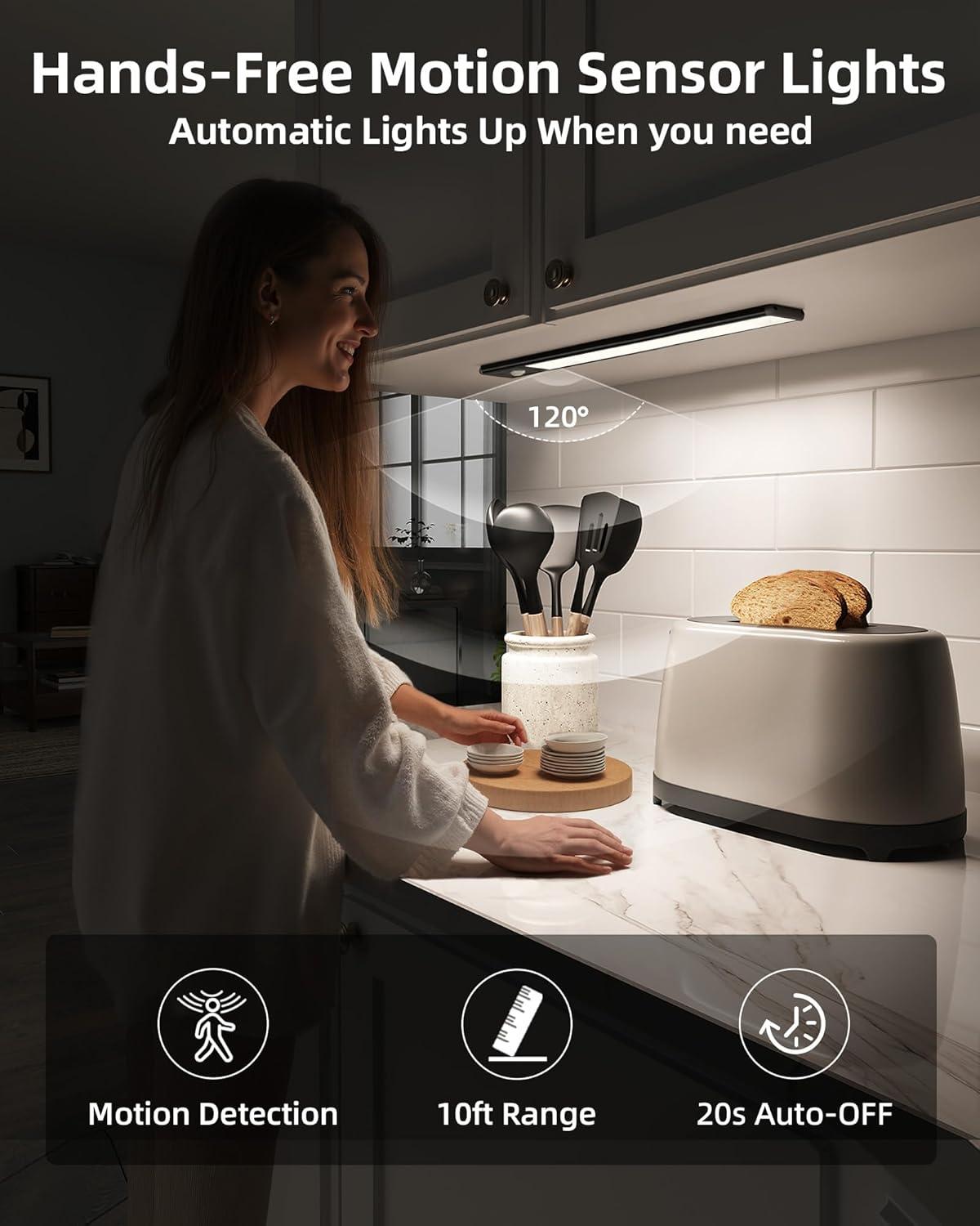 imageEZVALO 10inch Under Cabinet Lighting 2500mAh Rechargeable Motion Sensor Lights Indoor with 3 Color Temps 2 Pack Magnetic Closet Light 80 LED Dimmable Under Counter Lights for Kitchen Shelf StairBlack