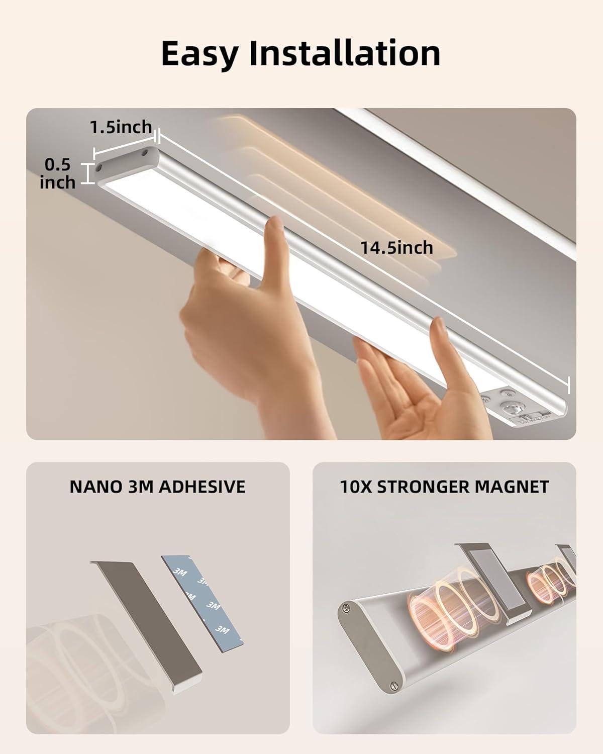 imageEZVALO 10inch Under Cabinet Lighting 2500mAh Rechargeable Motion Sensor Lights Indoor with 3 Color Temps 2 Pack Magnetic Closet Light 80 LED Dimmable Under Counter Lights for Kitchen Shelf StairSilver