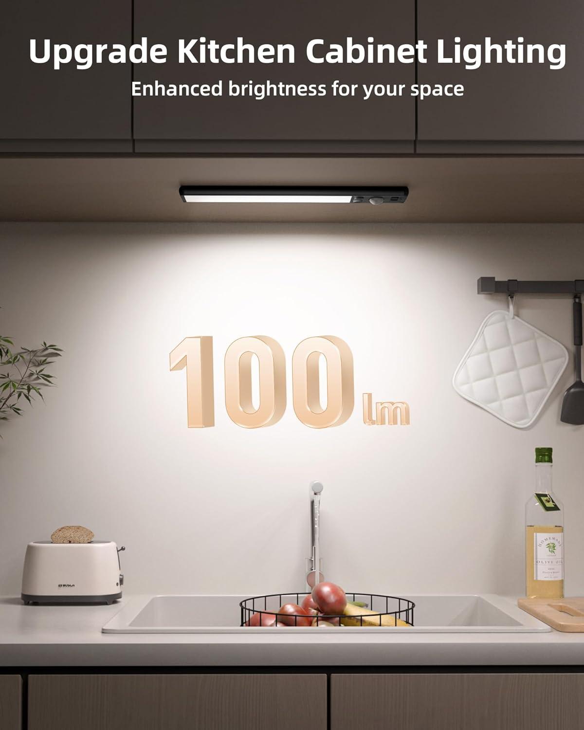 imageEZVALO 10inch Under Cabinet Lighting 2500mAh Rechargeable Motion Sensor Lights Indoor with 3 Color Temps 2 Pack Magnetic Closet Light 80 LED Dimmable Under Counter Lights for Kitchen Shelf StairBlack