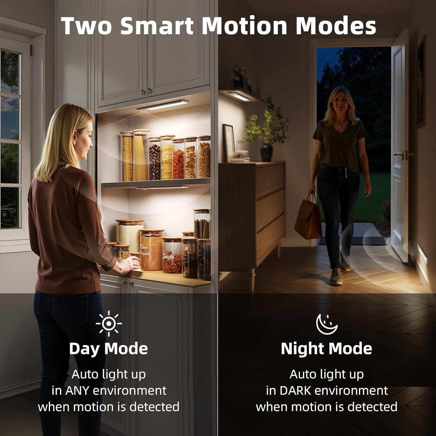 imageEZVALO 10inch Under Cabinet Lighting 2500mAh Rechargeable Motion Sensor Lights Indoor with 3 Color Temps 2 Pack Magnetic Closet Light 80 LED Dimmable Under Counter Lights for Kitchen Shelf StairSilver