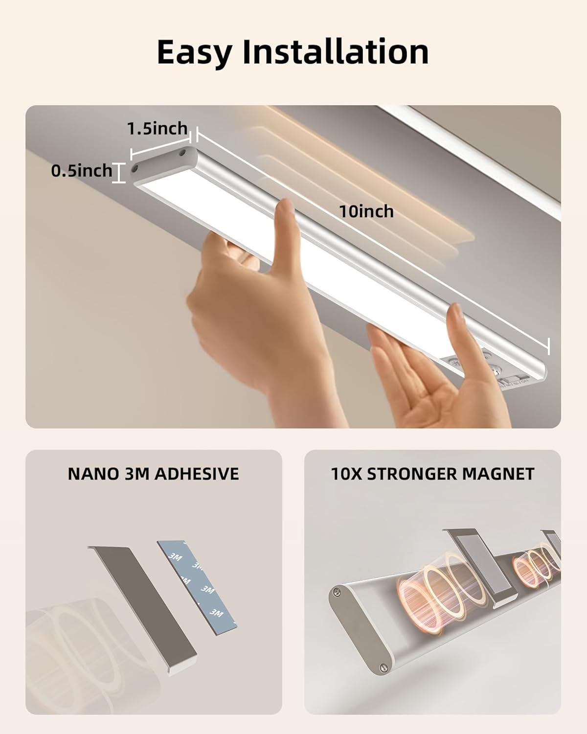 imageEZVALO 10inch Under Cabinet Lighting 2500mAh Rechargeable Motion Sensor Lights Indoor with 3 Color Temps 2 Pack Magnetic Closet Light 80 LED Dimmable Under Counter Lights for Kitchen Shelf StairSilver