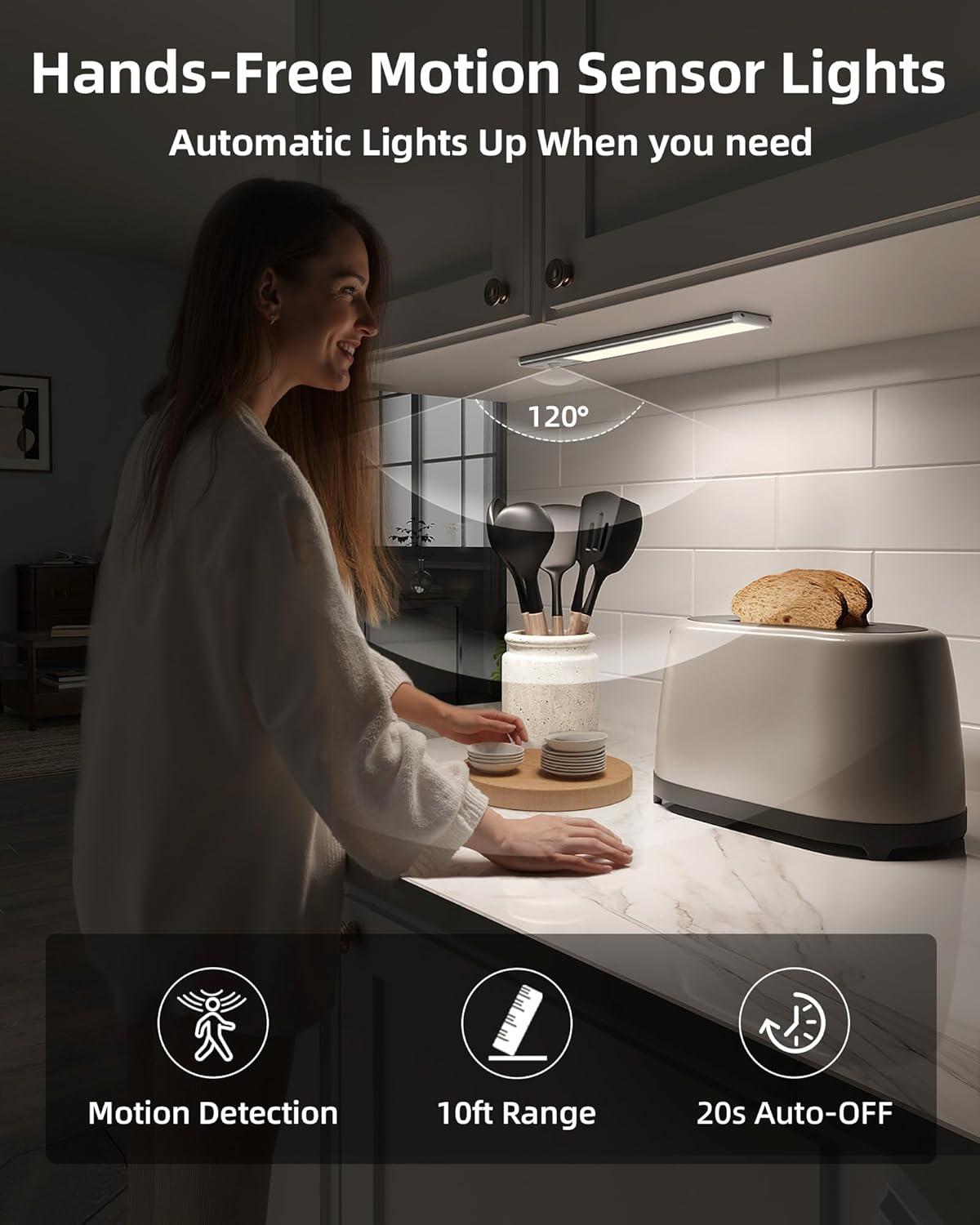 imageEZVALO 10inch Under Cabinet Lighting 2500mAh Rechargeable Motion Sensor Lights Indoor with 3 Color Temps 2 Pack Magnetic Closet Light 80 LED Dimmable Under Counter Lights for Kitchen Shelf StairSilver
