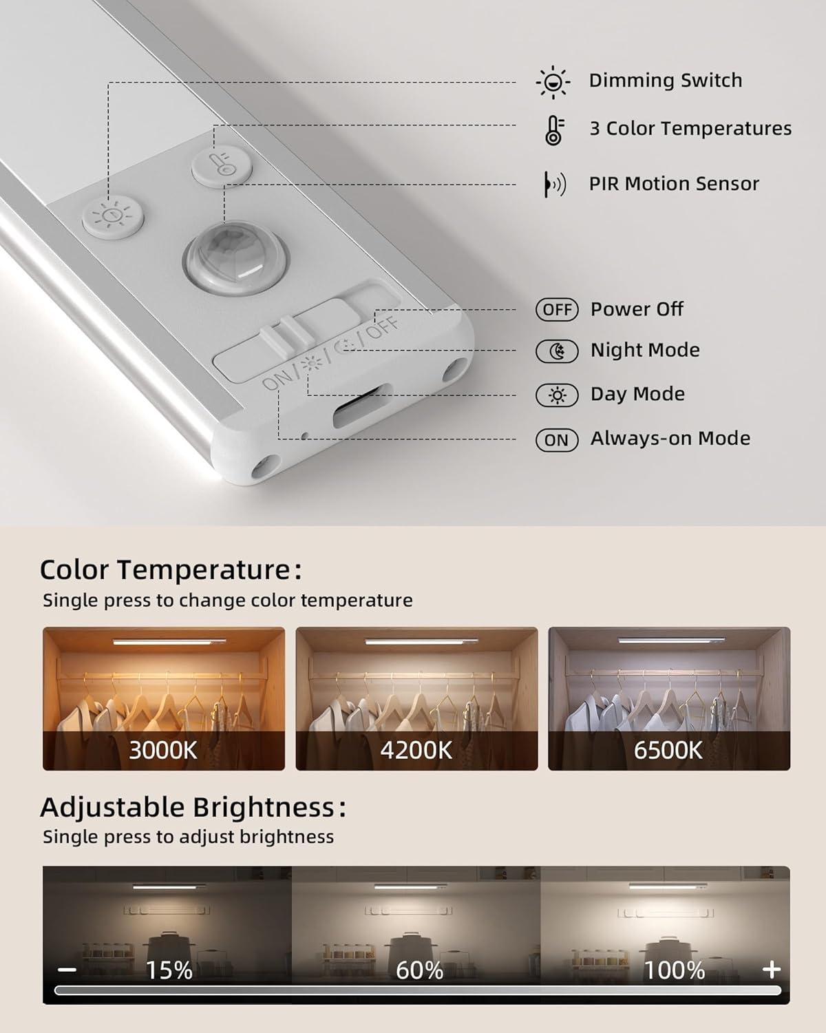 imageEZVALO 10inch Under Cabinet Lighting 2500mAh Rechargeable Motion Sensor Lights Indoor with 3 Color Temps 2 Pack Magnetic Closet Light 80 LED Dimmable Under Counter Lights for Kitchen Shelf StairSilver