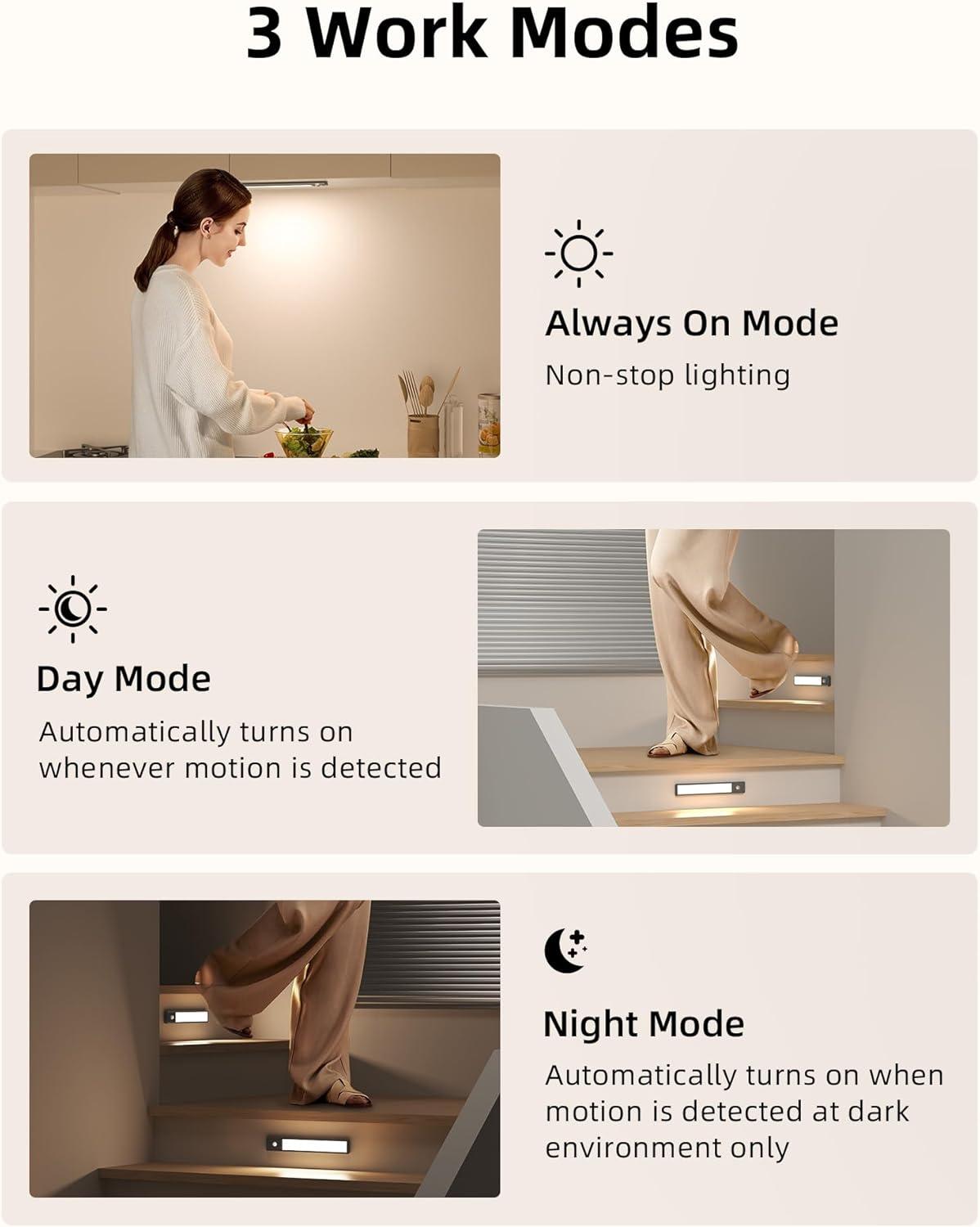 imageEZVALO 10inch Under Cabinet Lighting 2500mAh Rechargeable Motion Sensor Lights Indoor with 3 Color Temps 2 Pack Magnetic Closet Light 80 LED Dimmable Under Counter Lights for Kitchen Shelf StairBlack