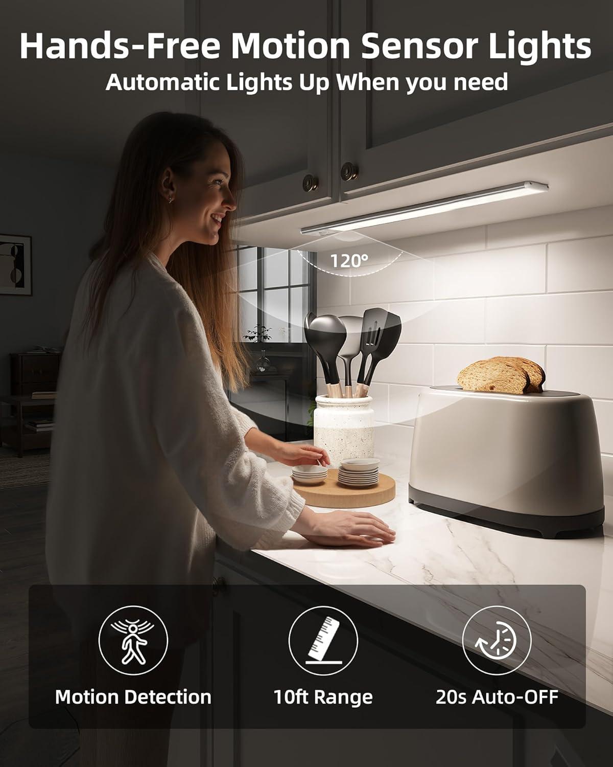 imageEZVALO 10inch Under Cabinet Lighting 2500mAh Rechargeable Motion Sensor Lights Indoor with 3 Color Temps 2 Pack Magnetic Closet Light 80 LED Dimmable Under Counter Lights for Kitchen Shelf StairSilver