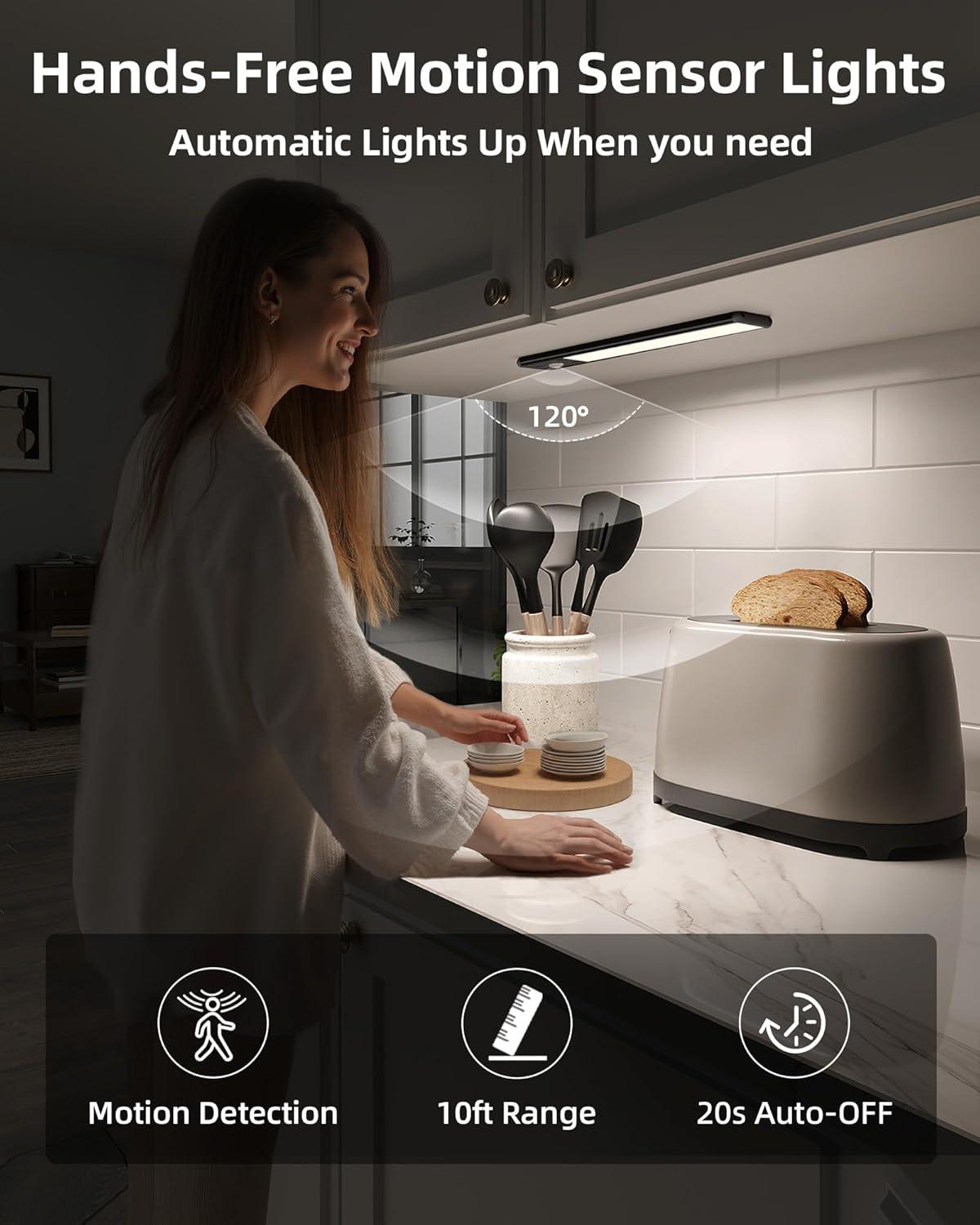 imageEZVALO 10inch Under Cabinet Lighting 2500mAh Rechargeable Motion Sensor Lights Indoor with 3 Color Temps 2 Pack Magnetic Closet Light 80 LED Dimmable Under Counter Lights for Kitchen Shelf StairBlack