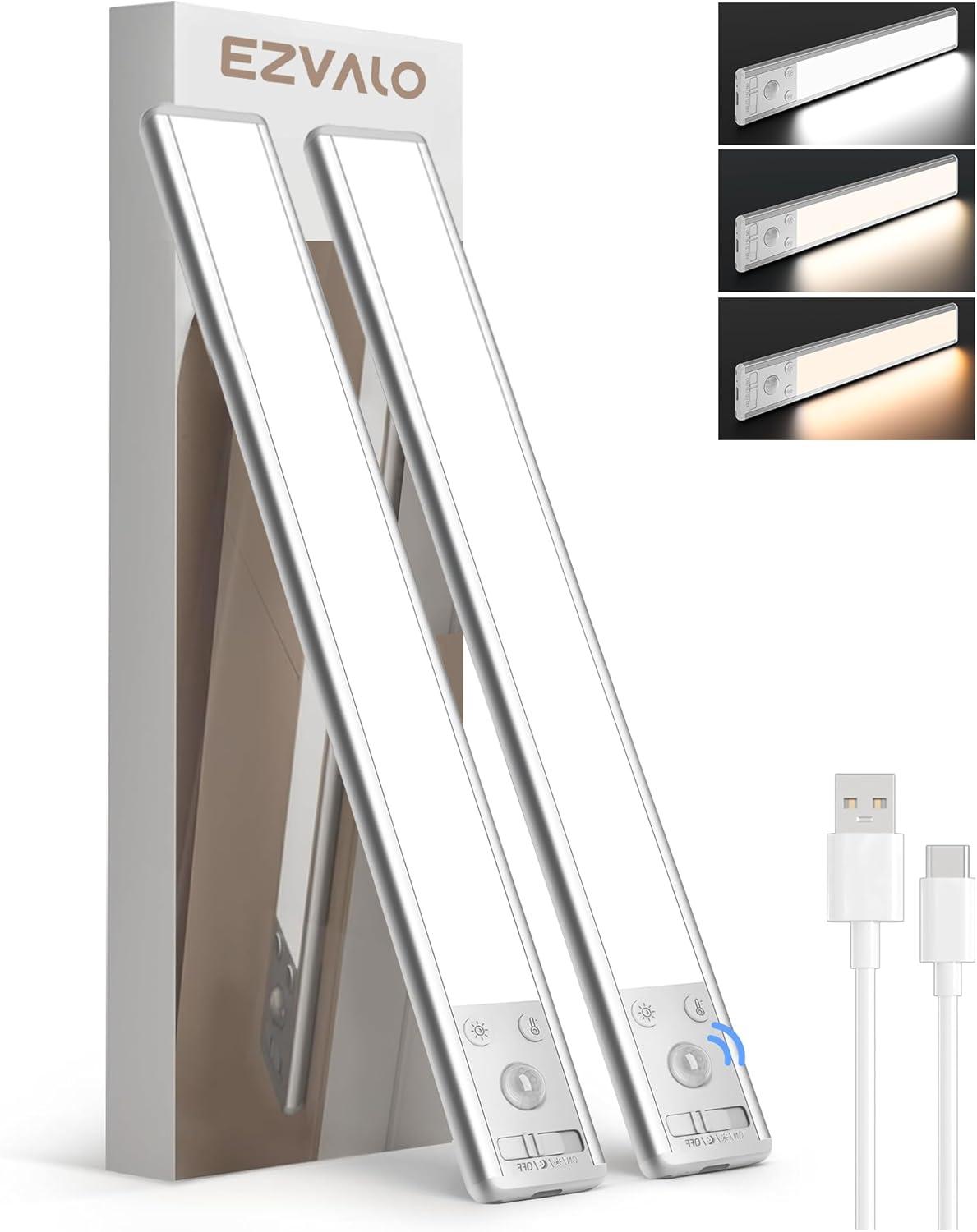 imageEZVALO 10inch Under Cabinet Lighting 2500mAh Rechargeable Motion Sensor Lights Indoor with 3 Color Temps 2 Pack Magnetic Closet Light 80 LED Dimmable Under Counter Lights for Kitchen Shelf StairSilver