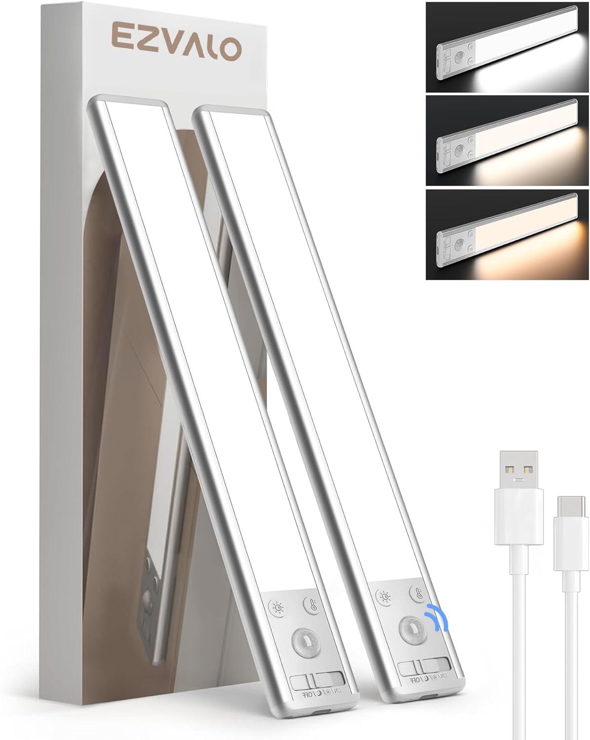 imageEZVALO 10inch Under Cabinet Lighting 2500mAh Rechargeable Motion Sensor Lights Indoor with 3 Color Temps 2 Pack Magnetic Closet Light 80 LED Dimmable Under Counter Lights for Kitchen Shelf StairSilver