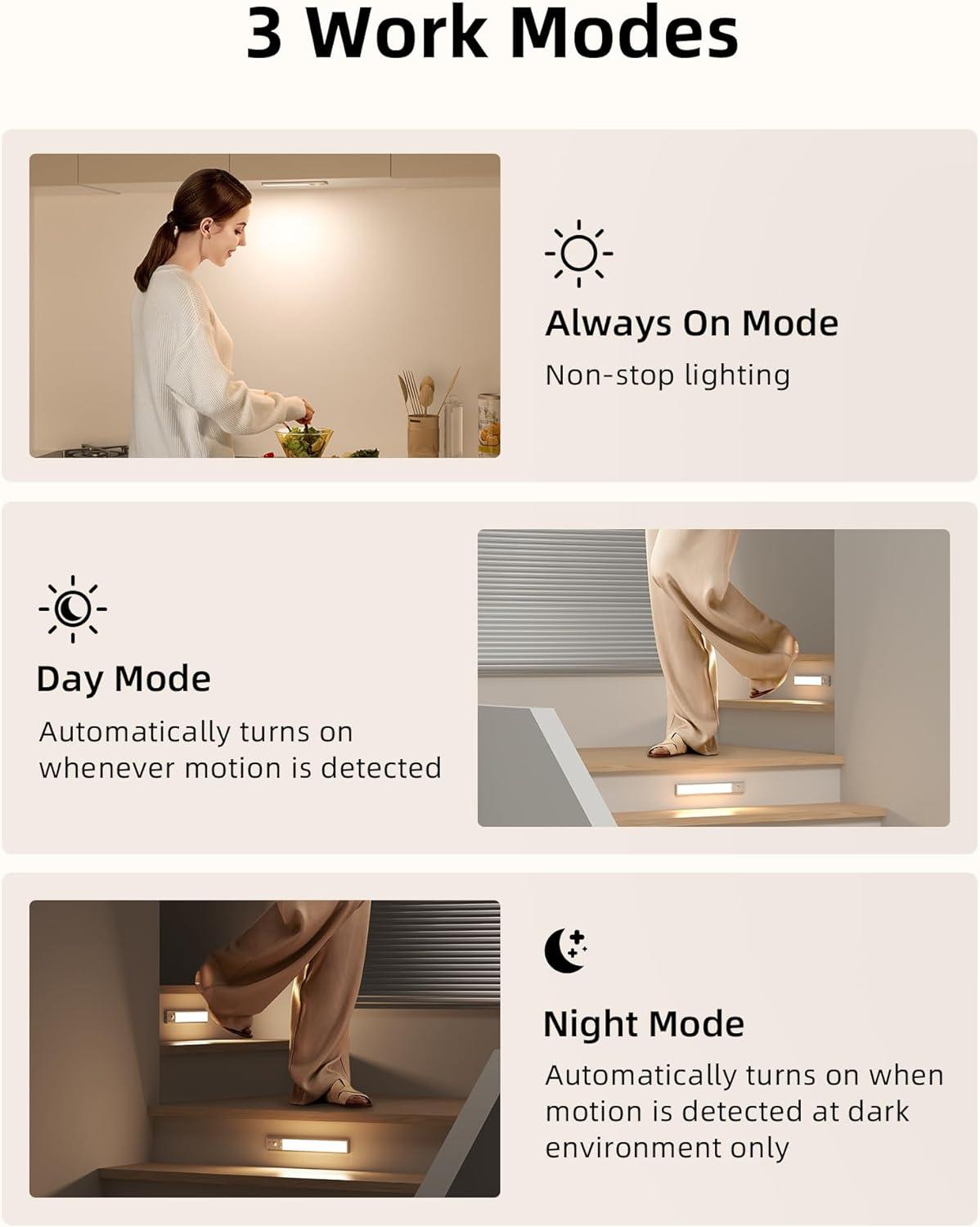 imageEZVALO 10inch Under Cabinet Lighting 2500mAh Rechargeable Motion Sensor Lights Indoor with 3 Color Temps 2 Pack Magnetic Closet Light 80 LED Dimmable Under Counter Lights for Kitchen Shelf StairBlack