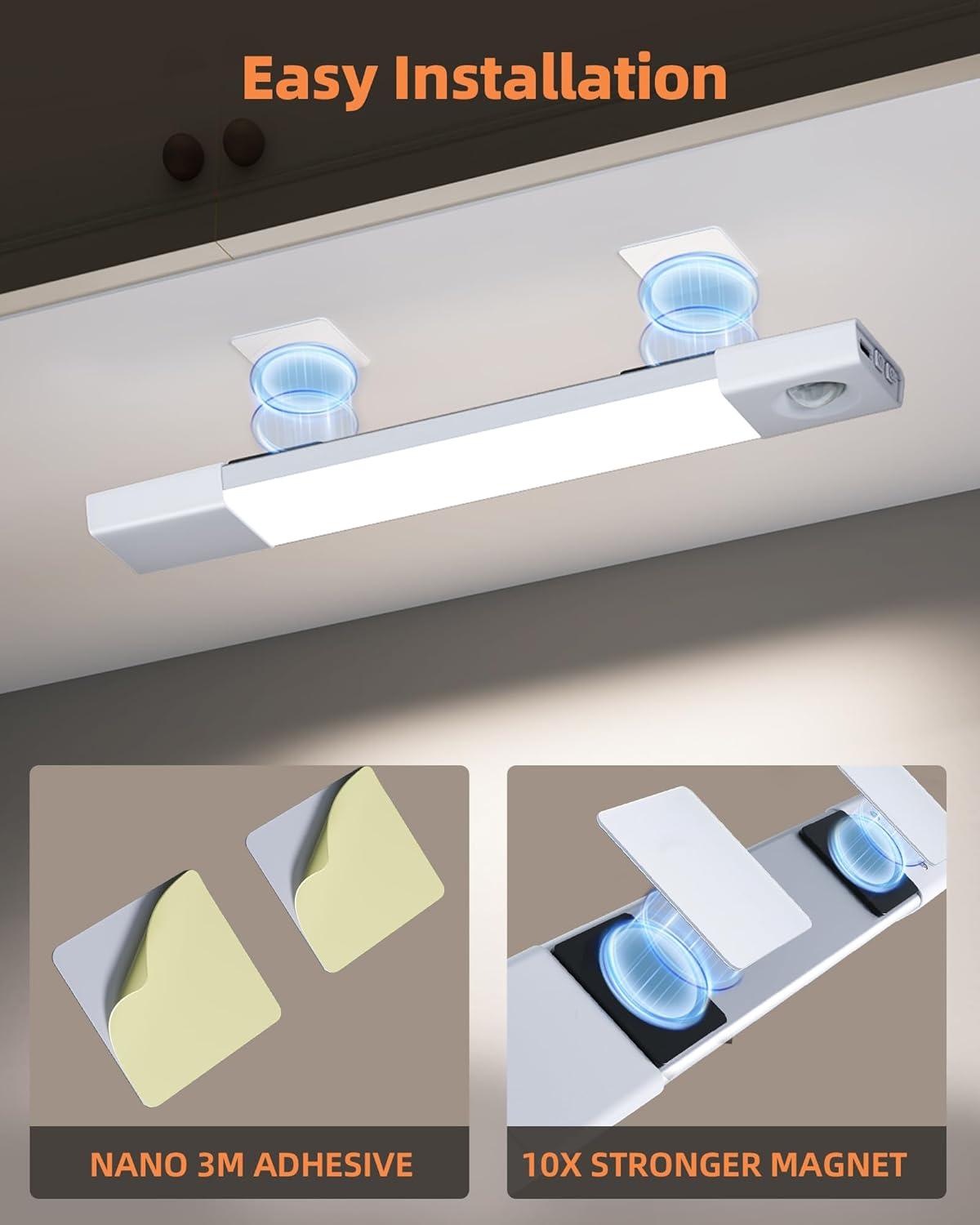 imageEZVALO 3 Pack 7 Motion Sensor Light Indoor Wireless Under Cabinet Lighting 30 LED Rechargeable Closet Lights Dimmable 3 Color Temperatures Counter Lights for Wardrobe Pantry Bedroom KitchenWhite
