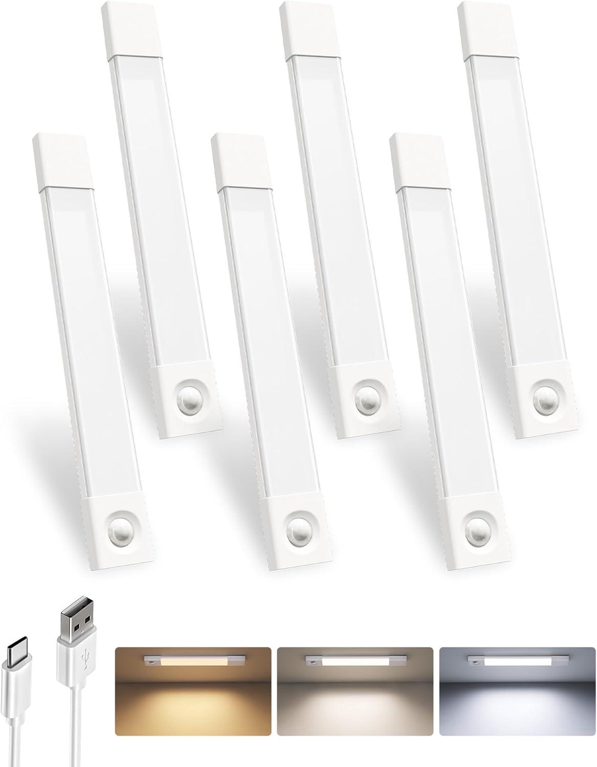 imageEZVALO 3 Pack 7 Motion Sensor Light Indoor Wireless Under Cabinet Lighting 30 LED Rechargeable Closet Lights Dimmable 3 Color Temperatures Counter Lights for Wardrobe Pantry Bedroom KitchenWhite