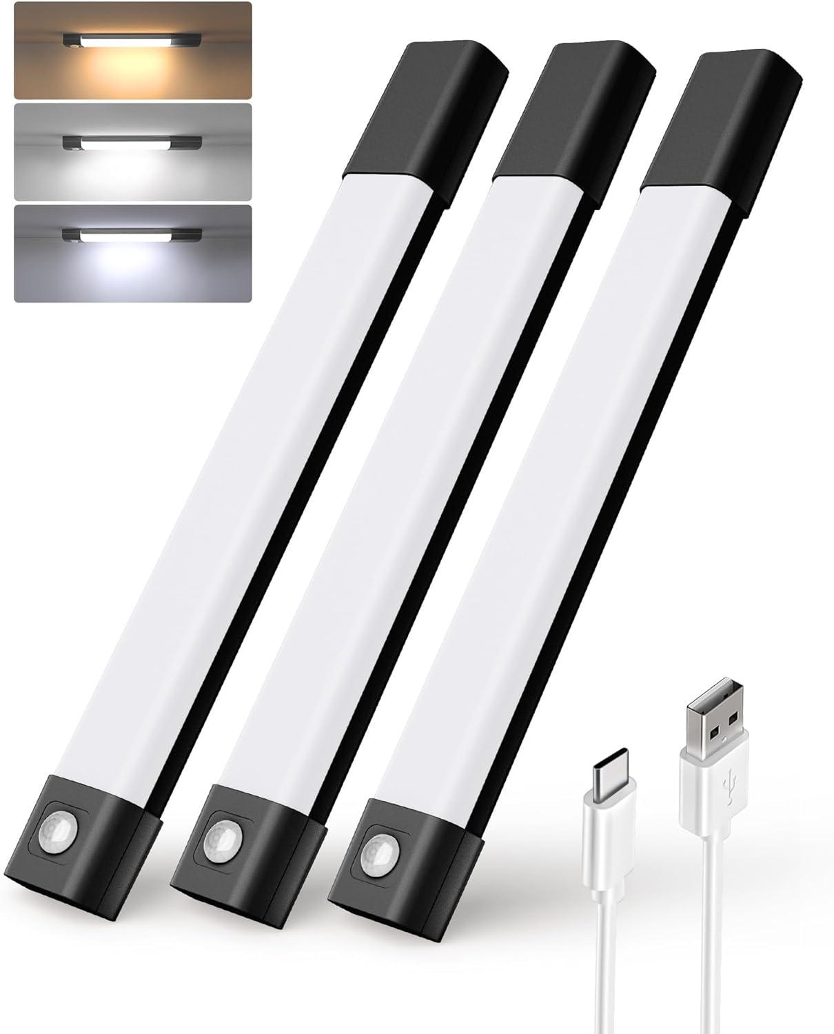 imageEZVALO 3 Pack 7 Motion Sensor Light Indoor Wireless Under Cabinet Lighting 30 LED Rechargeable Closet Lights Dimmable 3 Color Temperatures Counter Lights for Wardrobe Pantry Bedroom KitchenBlack