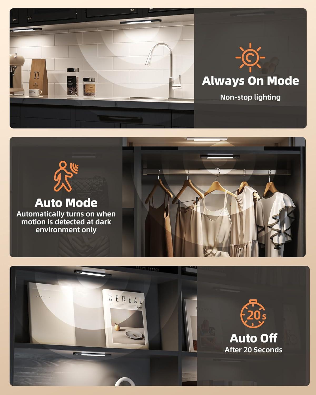 imageEZVALO 3 Pack 7 Motion Sensor Light Indoor Wireless Under Cabinet Lighting 30 LED Rechargeable Closet Lights Dimmable 3 Color Temperatures Counter Lights for Wardrobe Pantry Bedroom KitchenBlack