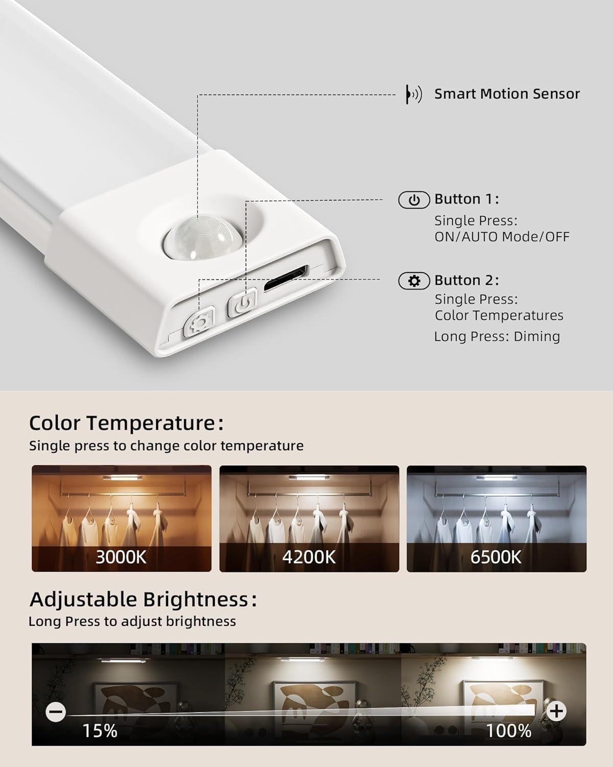imageEZVALO 3 Pack 7 Motion Sensor Light Indoor Wireless Under Cabinet Lighting 30 LED Rechargeable Closet Lights Dimmable 3 Color Temperatures Counter Lights for Wardrobe Pantry Bedroom KitchenWhite