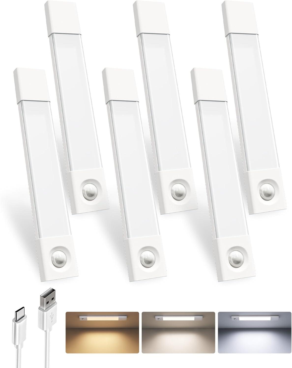 imageEZVALO 3 Pack 7 Motion Sensor Light Indoor Wireless Under Cabinet Lighting 30 LED Rechargeable Closet Lights Dimmable 3 Color Temperatures Counter Lights for Wardrobe Pantry Bedroom KitchenWhite