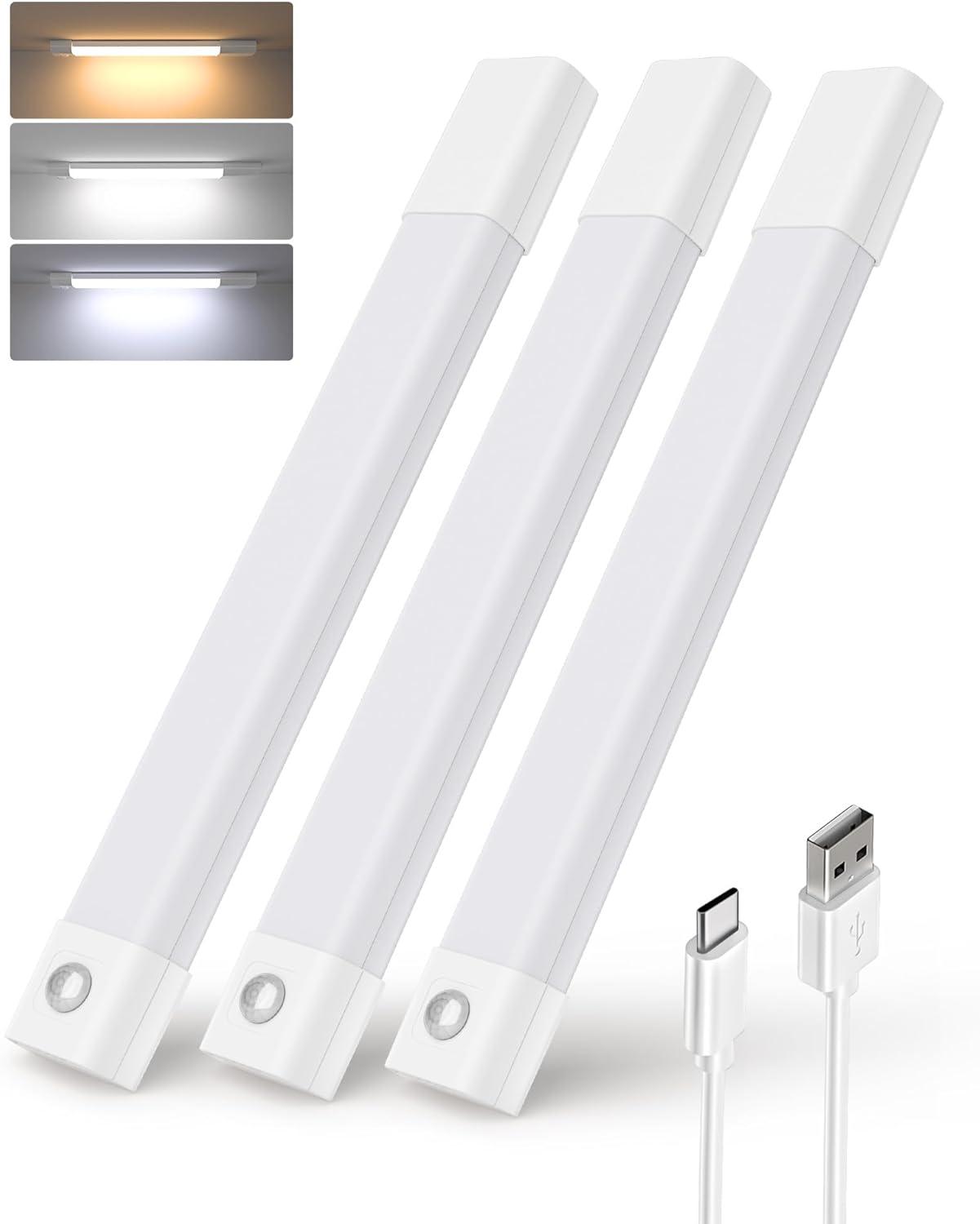 imageEZVALO 3 Pack 7 Motion Sensor Light Indoor Wireless Under Cabinet Lighting 30 LED Rechargeable Closet Lights Dimmable 3 Color Temperatures Counter Lights for Wardrobe Pantry Bedroom KitchenWhite