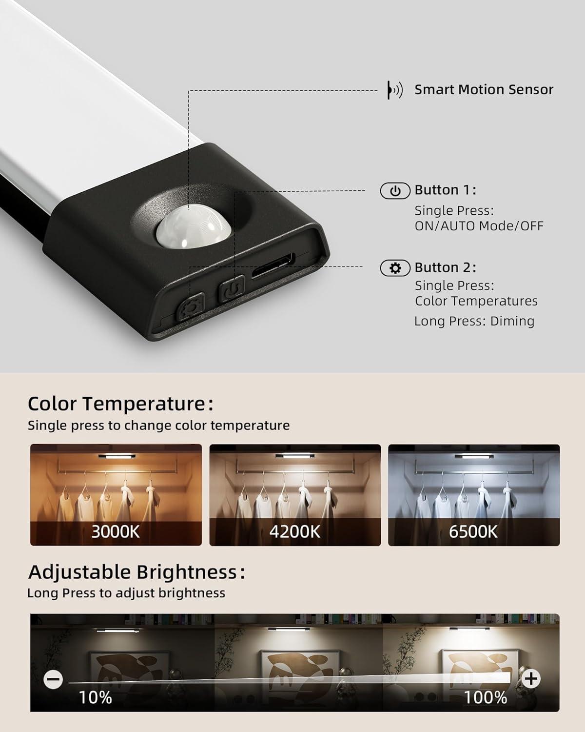 imageEZVALO 3 Pack 7 Motion Sensor Light Indoor Wireless Under Cabinet Lighting 30 LED Rechargeable Closet Lights Dimmable 3 Color Temperatures Counter Lights for Wardrobe Pantry Bedroom KitchenBlack