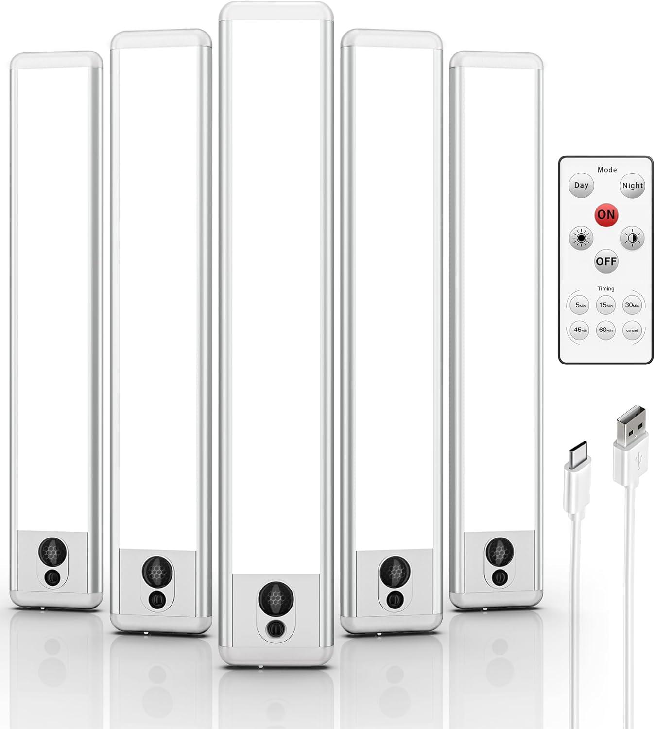 imageEZVALO 5 Pack Under Cabinet Lighting Rechargeable Motion Sensor Light LED Closet Lights Wireless 5700K Dimmable Timer Magnetic with Remote Control for Kitchen Closet StairCool White