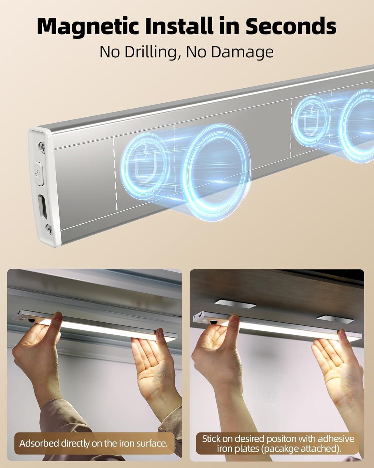 imageEZVALO 6 Pack Under Cabinet Lighting Wireless with Battery Indicator 2000mAh Rechargeable Motion Sensor Light Indoor 10inch 80 LED Under Counter Lights for Kitchen Closet 3 Color Temps Dimmable12 inch  3Pack