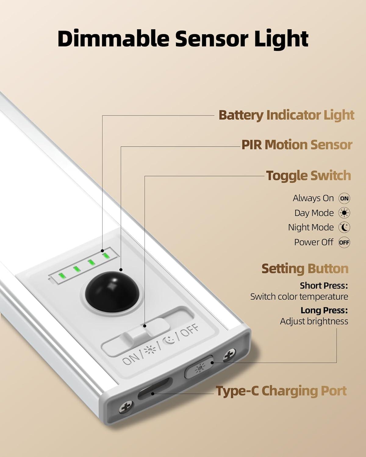 imageEZVALO 6 Pack Under Cabinet Lighting Wireless with Battery Indicator 2000mAh Rechargeable Motion Sensor Light Indoor 10inch 80 LED Under Counter Lights for Kitchen Closet 3 Color Temps Dimmable12 inch  3Pack