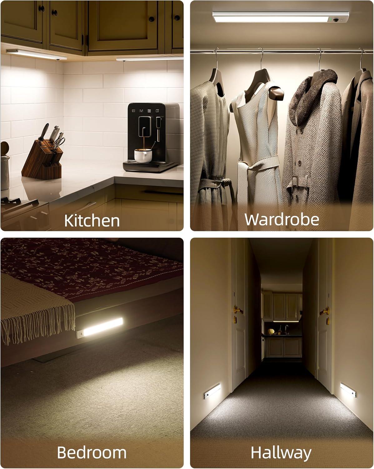 imageEZVALO 6 Pack Under Cabinet Lighting Wireless with Battery Indicator 2000mAh Rechargeable Motion Sensor Light Indoor 10inch 80 LED Under Counter Lights for Kitchen Closet 3 Color Temps Dimmable12 inch  3Pack