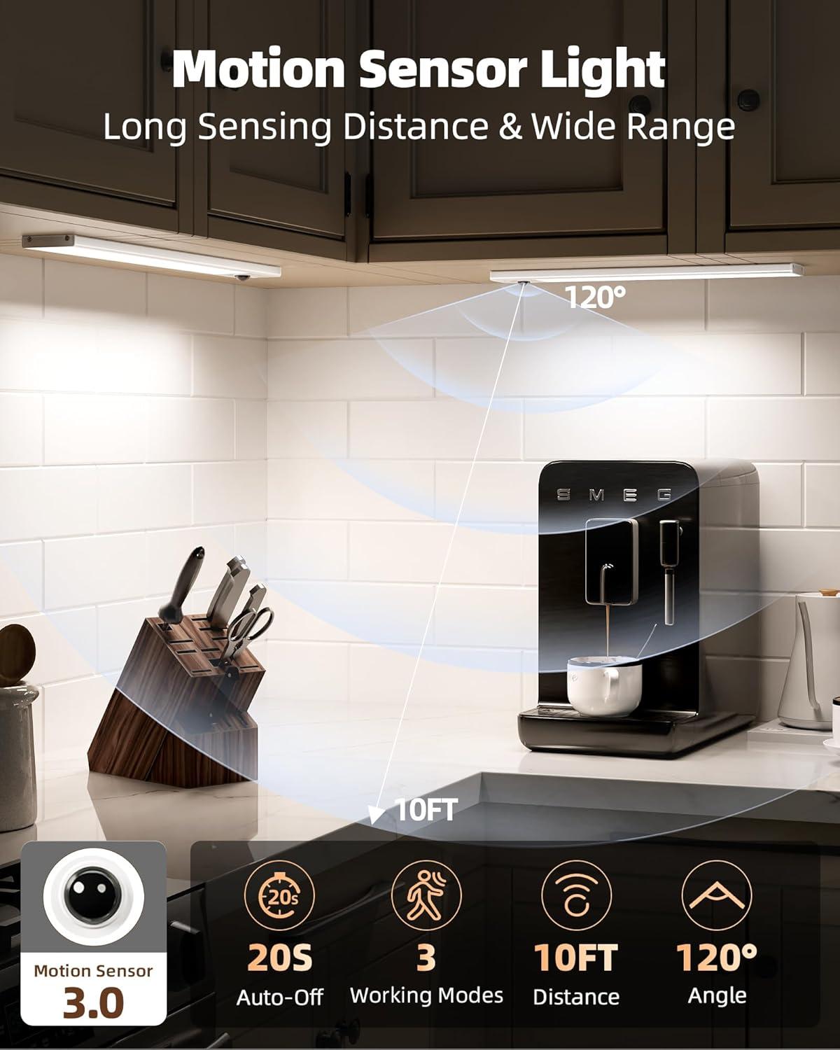 imageEZVALO 6 Pack Under Cabinet Lighting Wireless with Battery Indicator 2000mAh Rechargeable Motion Sensor Light Indoor 10inch 80 LED Under Counter Lights for Kitchen Closet 3 Color Temps Dimmable10 inch  6Pack