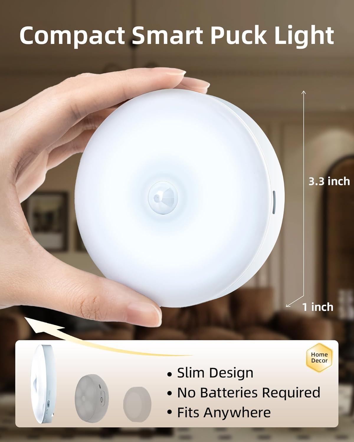 imageEZVALO 6Pack Under Cabinet Lighting Rechargeable Motion Sensor Puck Lights with Remote 3 Color Temps ampamp12 RGB Colors Magnetic Stick on Light Dimmable Under Counter Lights for Kitchen Shelf StairWhite