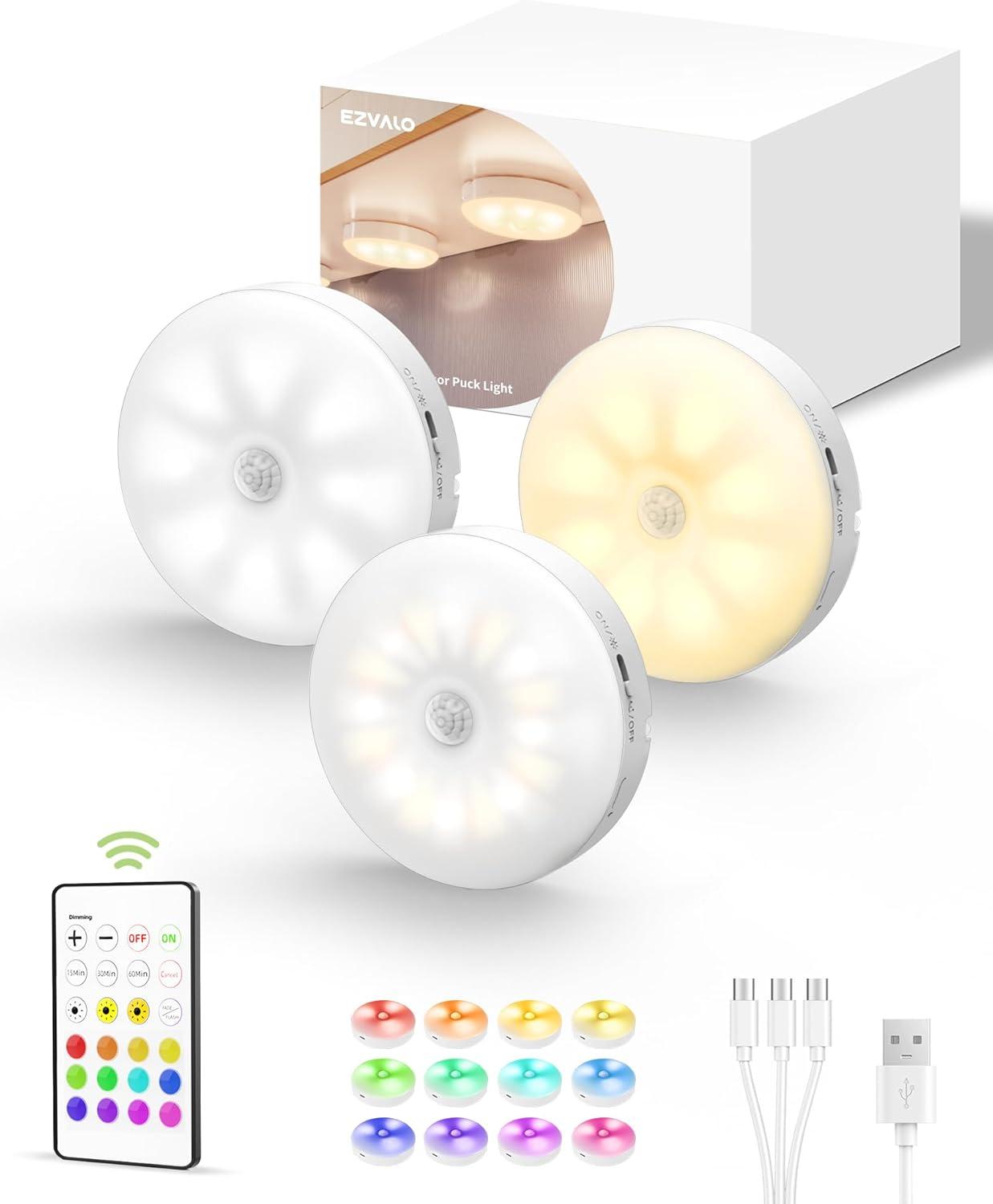 imageEZVALO 6Pack Under Cabinet Lighting Rechargeable Motion Sensor Puck Lights with Remote 3 Color Temps ampamp12 RGB Colors Magnetic Stick on Light Dimmable Under Counter Lights for Kitchen Shelf StairWhite
