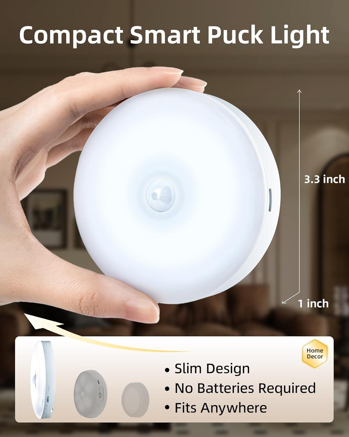 imageEZVALO 6Pack Under Cabinet Lighting Rechargeable Motion Sensor Puck Lights with Remote 3 Color Temps ampamp12 RGB Colors Magnetic Stick on Light Dimmable Under Counter Lights for Kitchen Shelf StairWhite
