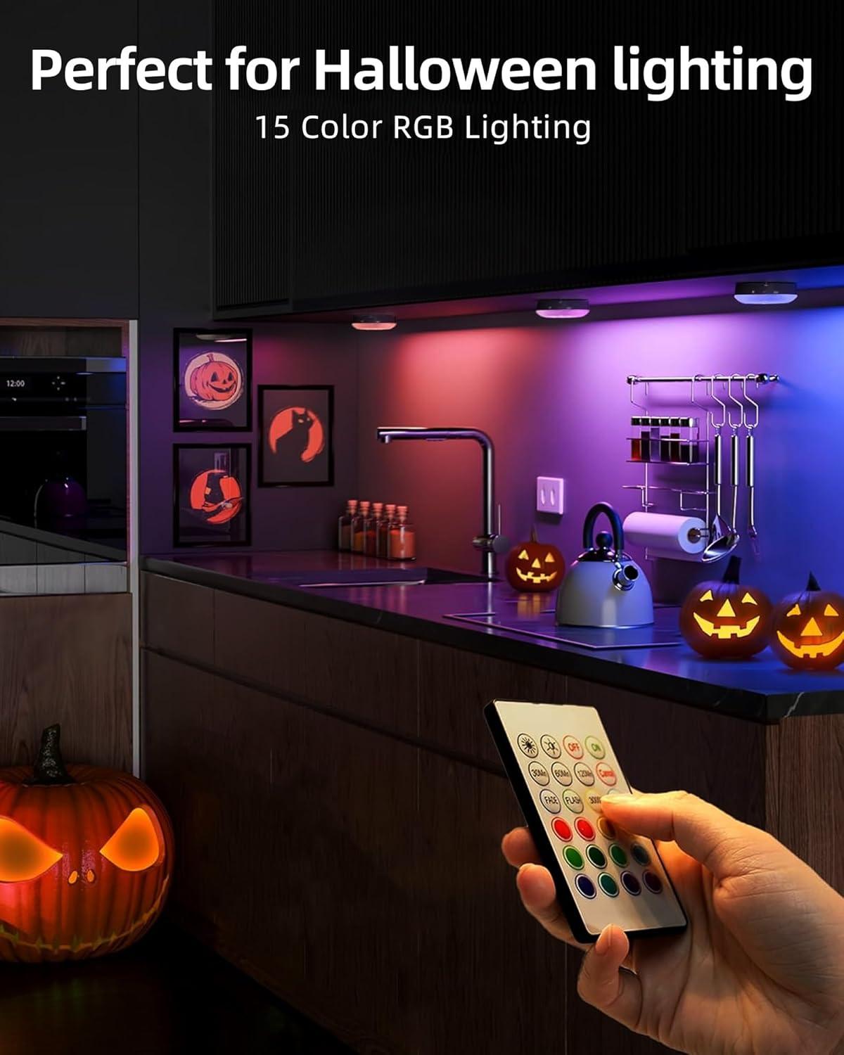 imageEZVALO 6Pack Under Cabinet Lighting Rechargeable Motion Sensor Puck Lights with Remote 3 Color Temps ampamp12 RGB Colors Magnetic Stick on Light Dimmable Under Counter Lights for Kitchen Shelf StairBlack