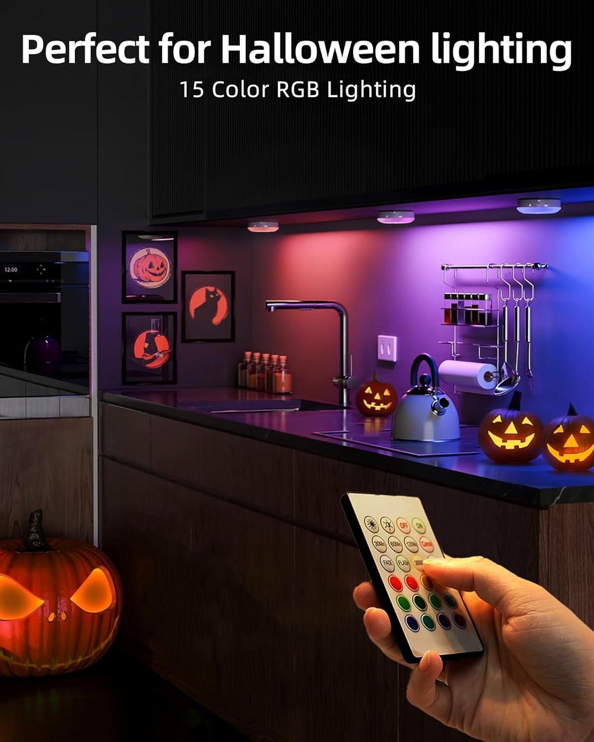 imageEZVALO 6Pack Under Cabinet Lighting Rechargeable Motion Sensor Puck Lights with Remote 3 Color Temps ampamp12 RGB Colors Magnetic Stick on Light Dimmable Under Counter Lights for Kitchen Shelf StairWhite