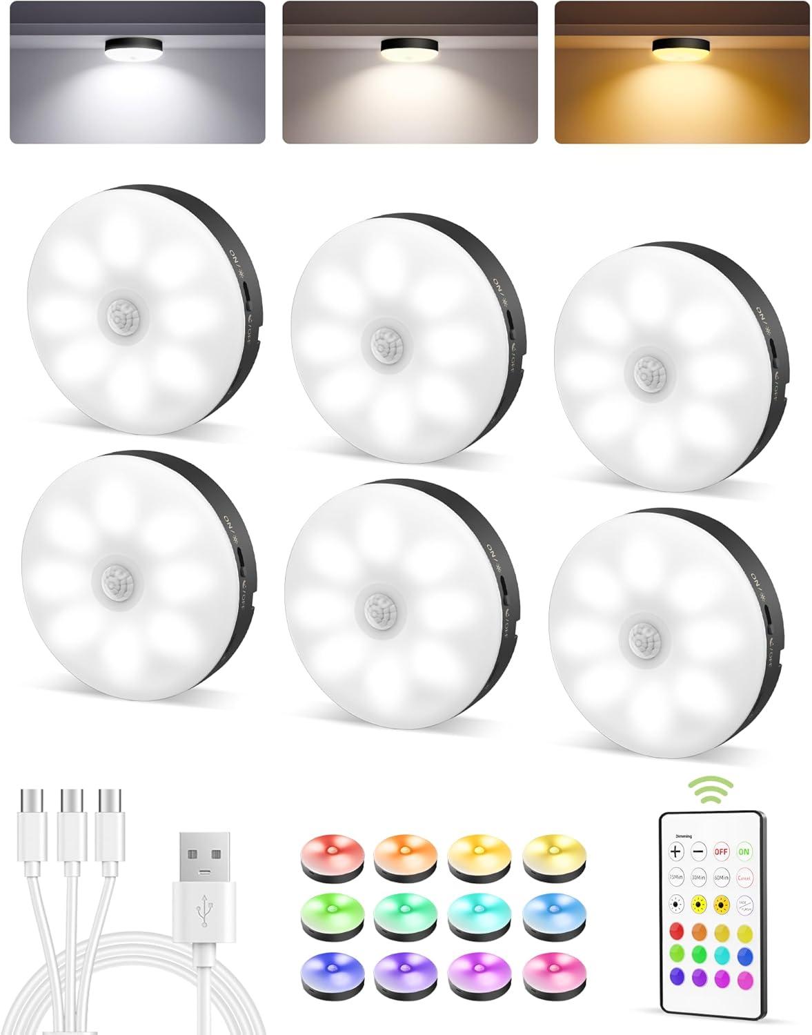 imageEZVALO 6Pack Under Cabinet Lighting Rechargeable Motion Sensor Puck Lights with Remote 3 Color Temps ampamp12 RGB Colors Magnetic Stick on Light Dimmable Under Counter Lights for Kitchen Shelf StairBlack