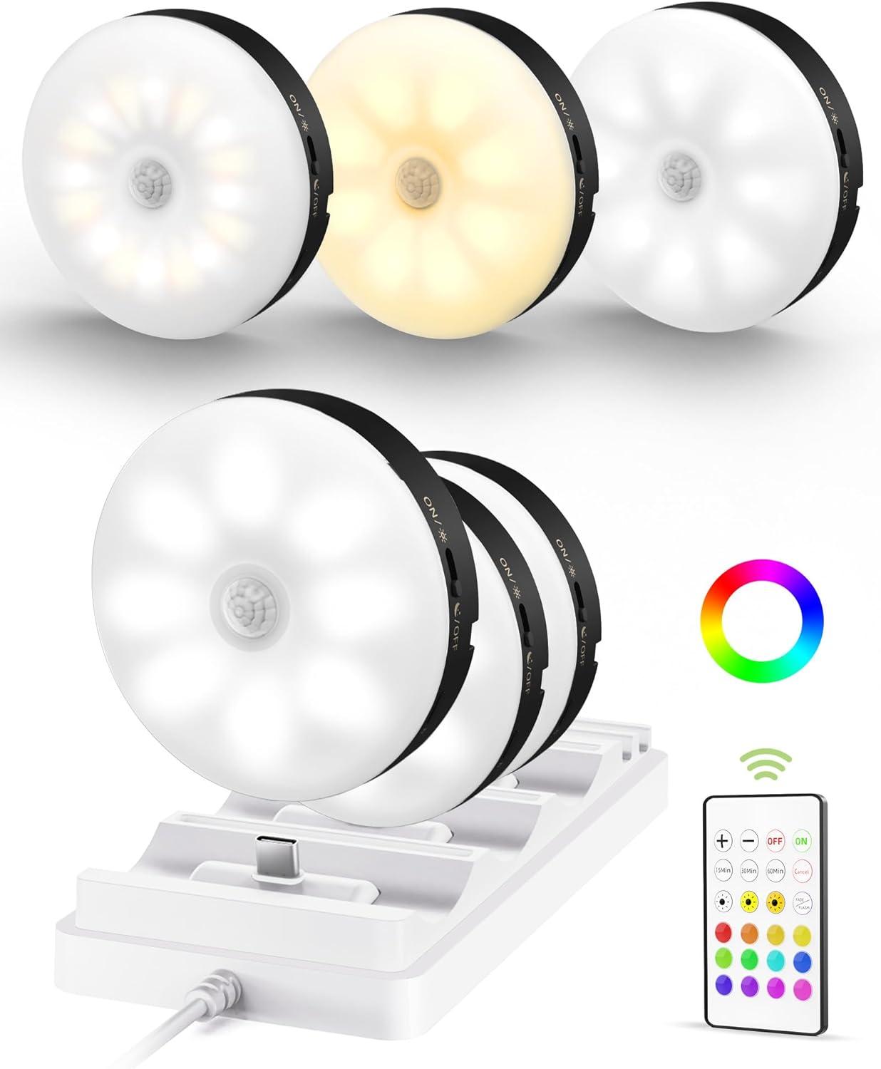 imageEZVALO 6Pack Under Cabinet Lighting Rechargeable Motion Sensor Puck Lights with Remote 3 Color Temps ampamp12 RGB Colors Magnetic Stick on Light Dimmable Under Counter Lights for Kitchen Shelf StairBlack